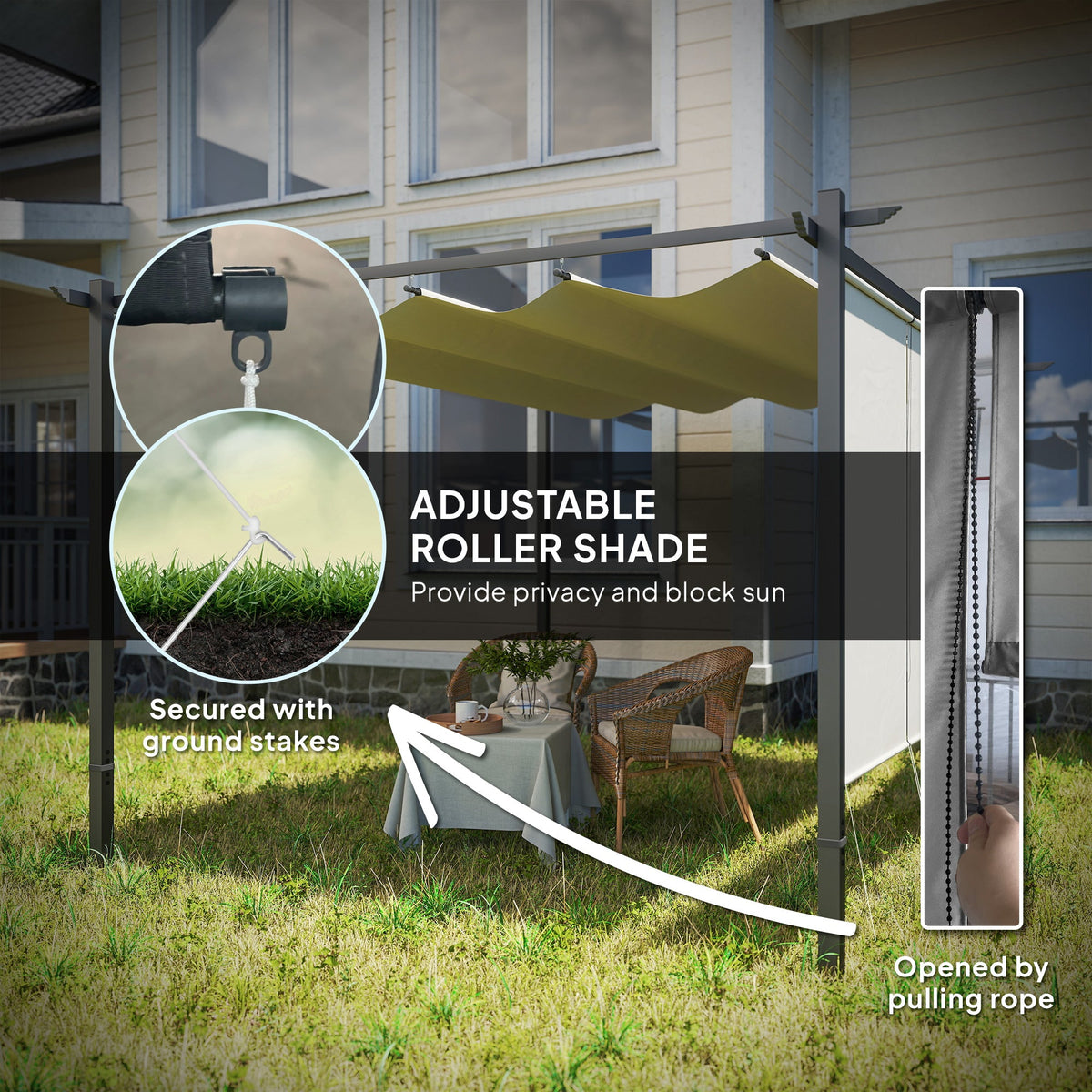 3 x 4m Metal Pergola with Retractable Roof & Roller Shade, Beige — product view 7