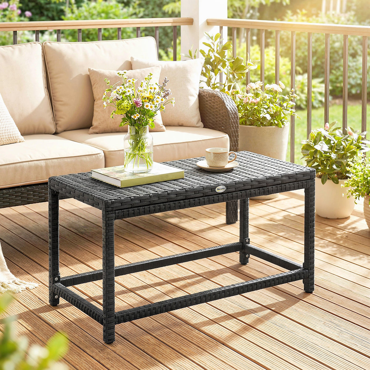 PE Rattan Outdoor Coffee Table with Rectangular Frame for Patio or Balcony, Black — product view 3