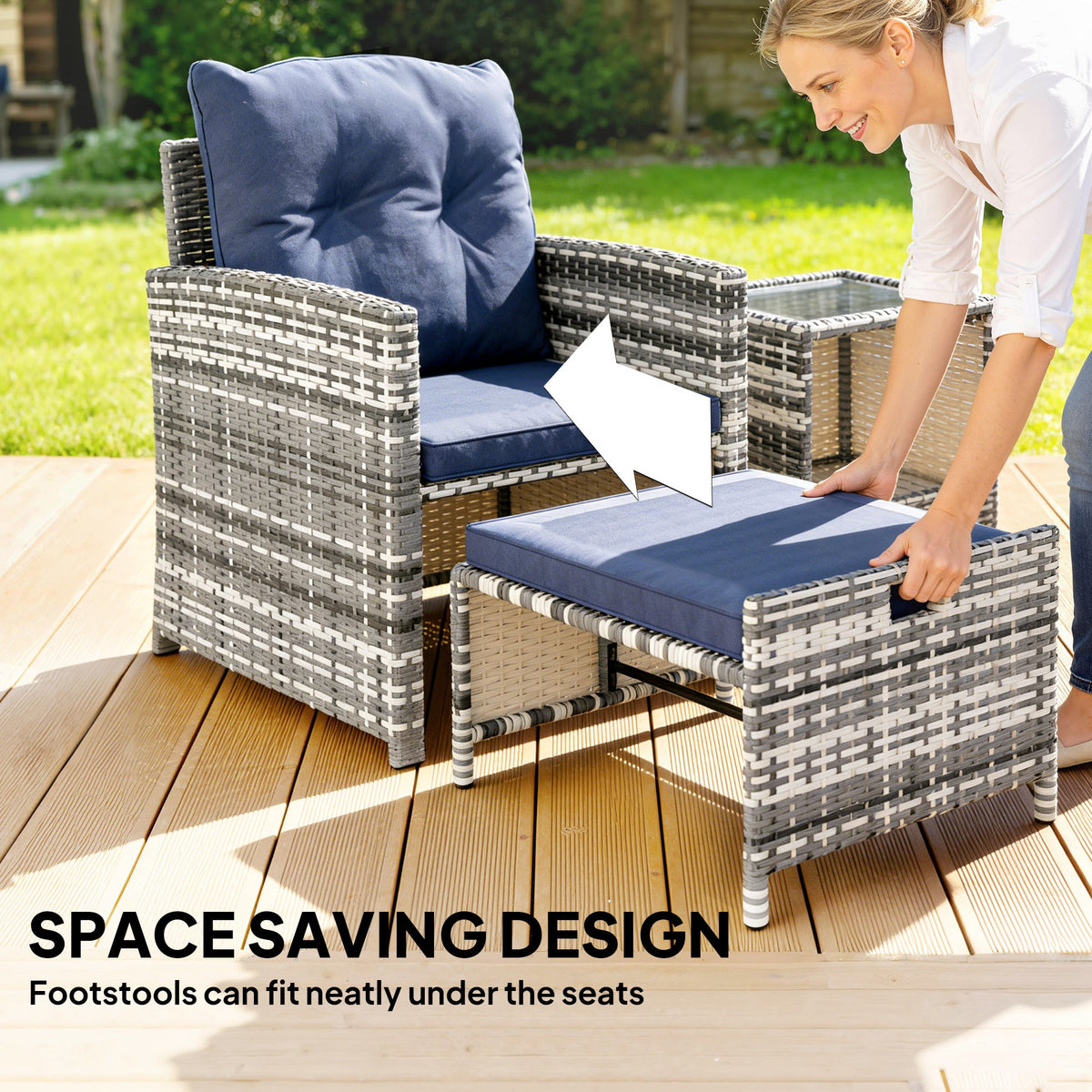 5-Piece Rattan Patio Set with Ottomans & 2-Tier Glass Table, Grey/Dark Blue — product view 6