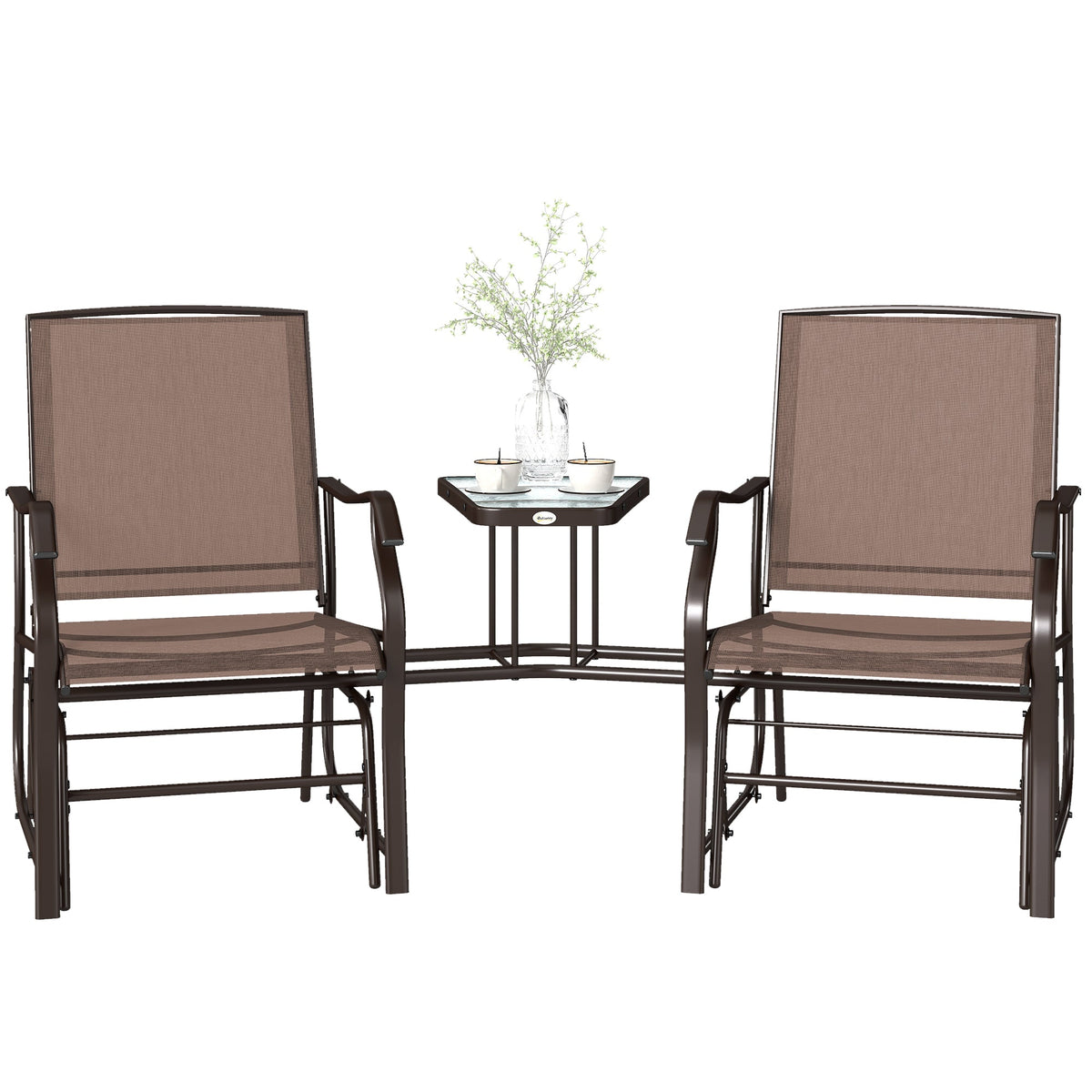 Double Patio Glider Chair with Glass Top Center Table, All Weather Breathable Mesh Fabric, Brown — product view 2