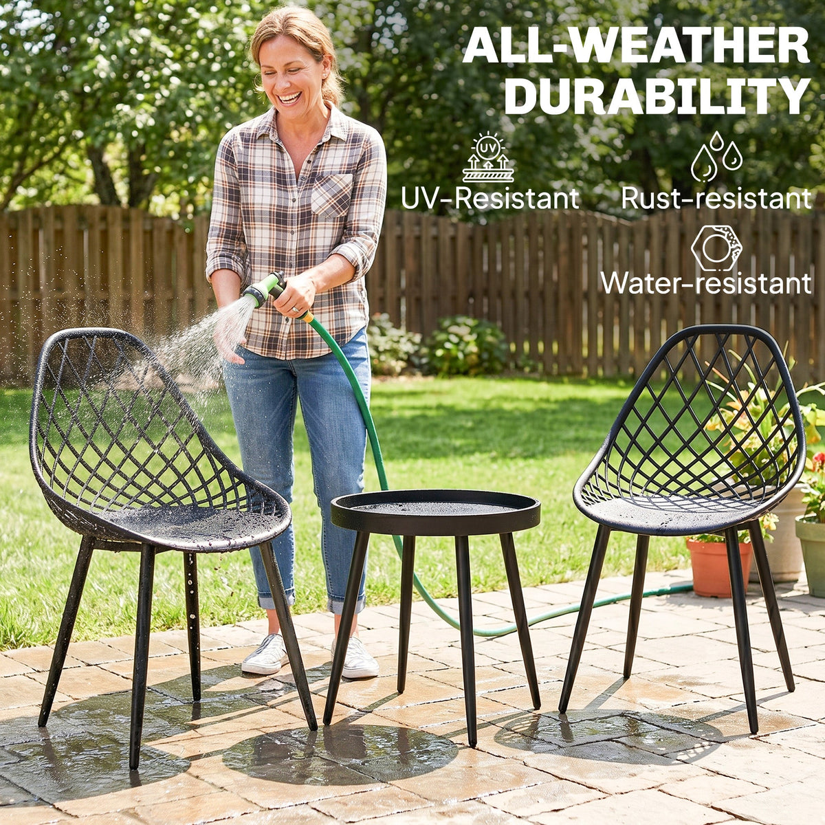 3-Piece Outdoor Bistro Set, 2 Chairs & Round Table, Weatherproof Metal, Black — product view 6