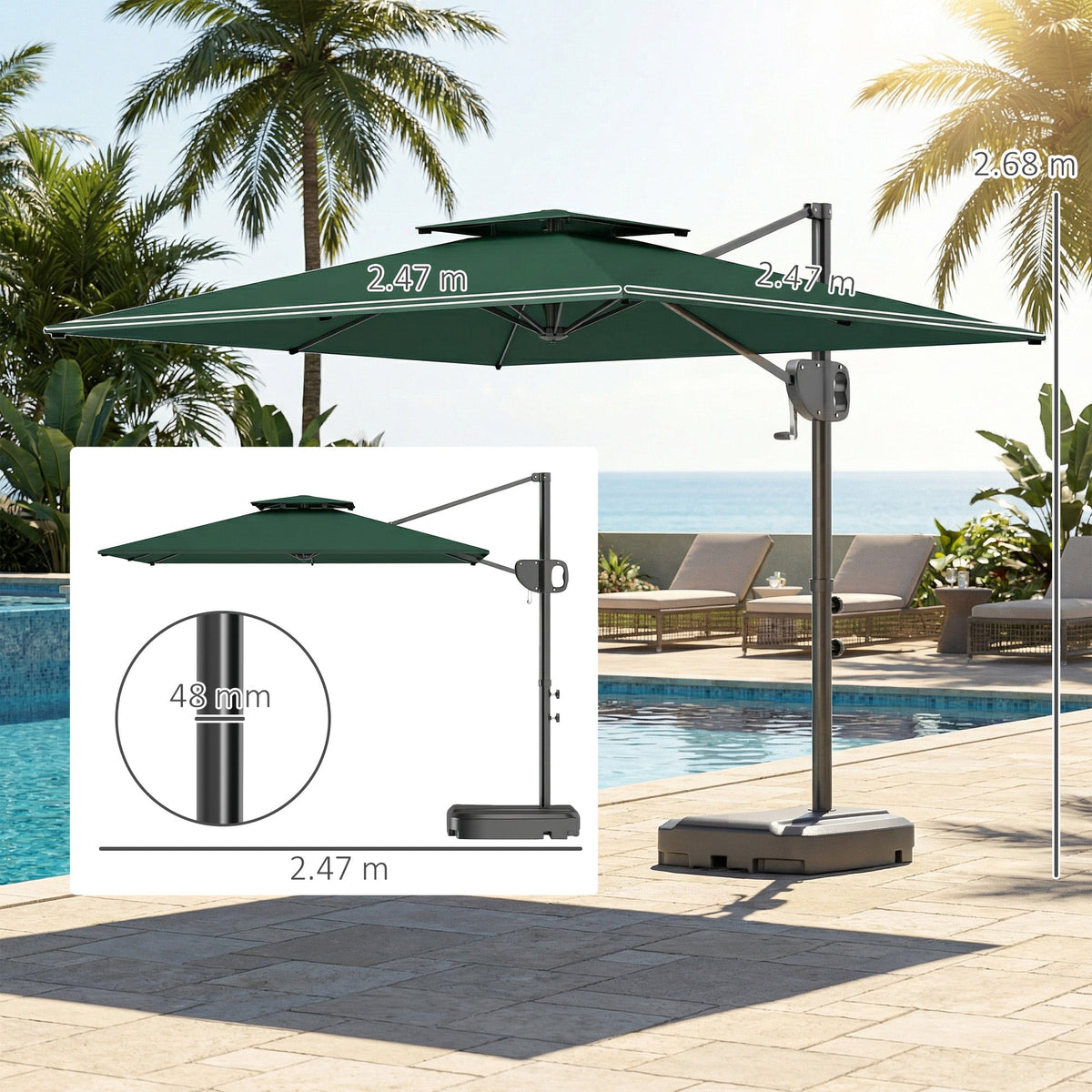 2.5 m Cantilever Parasol with Fillable Base and Double Top, Dark Green — product view 5
