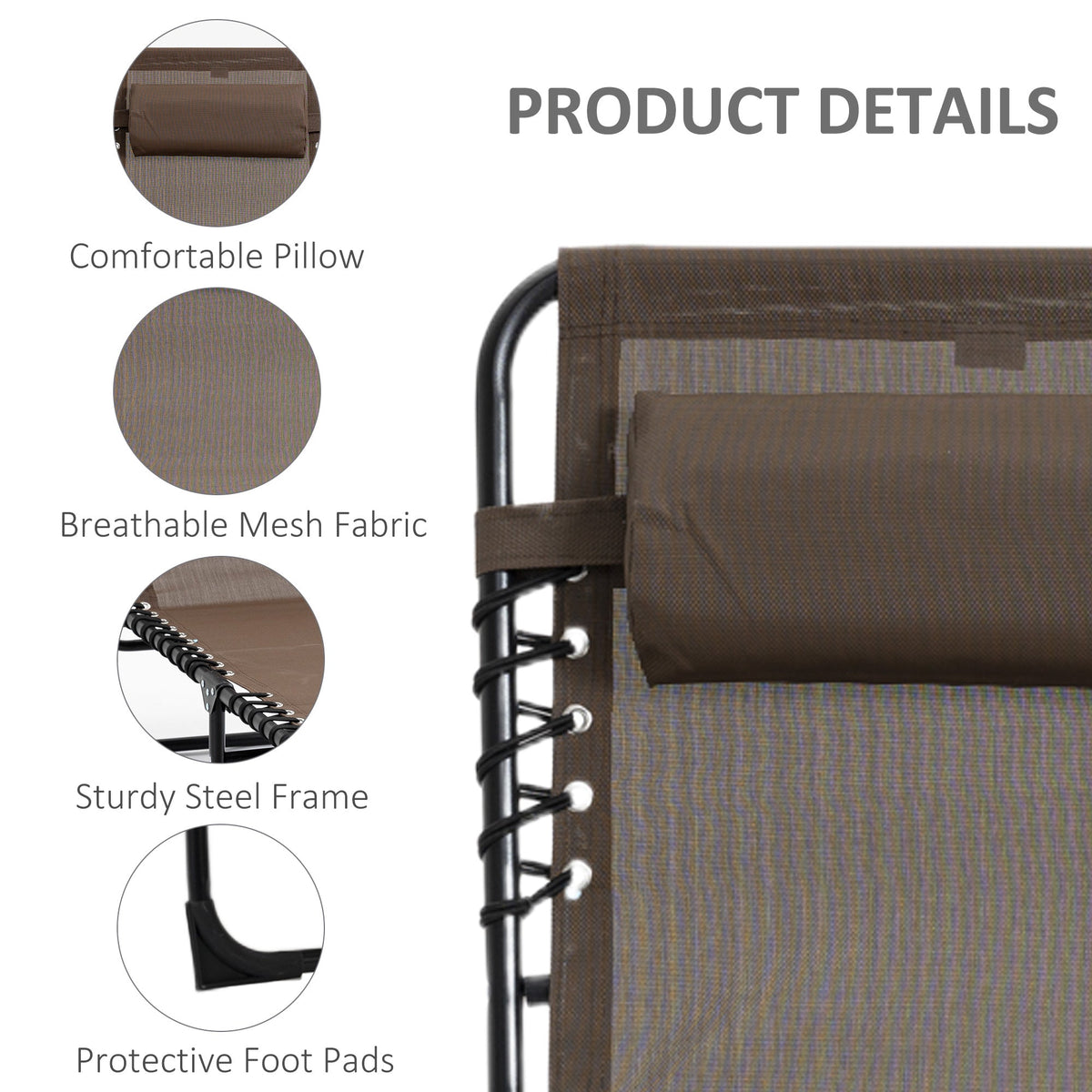 Folding Lounge Chair with Adjustable Backrest and Pillow, Brown — product view 7