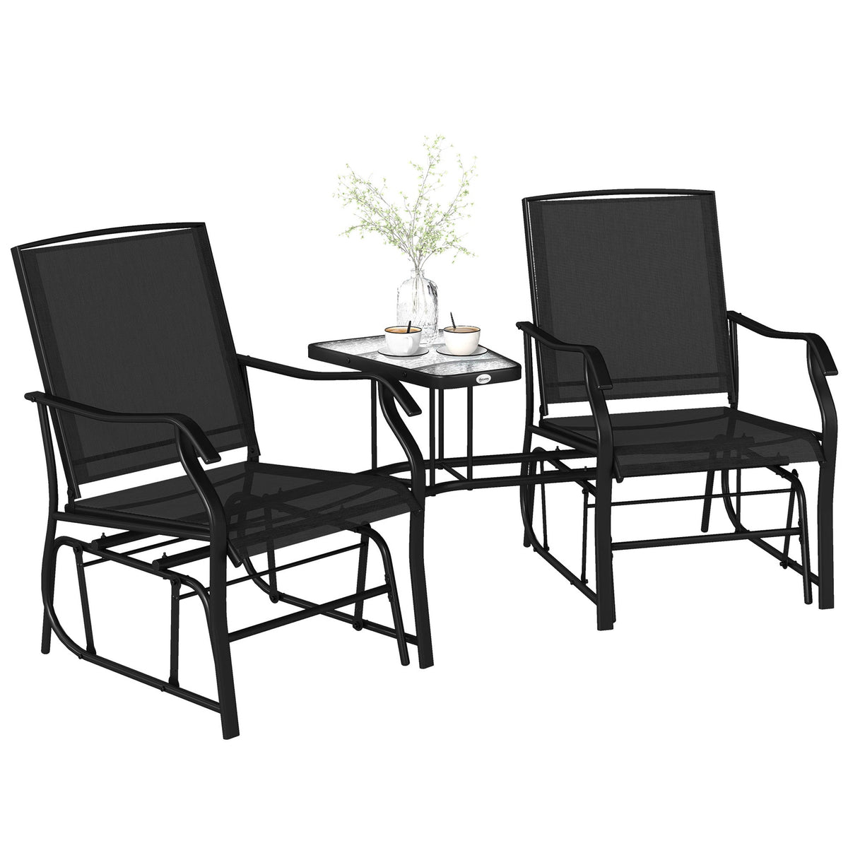 Double Patio Glider Chair with Glass Top Center Table, All Weather Breathable Mesh Fabric, Black — product view 1