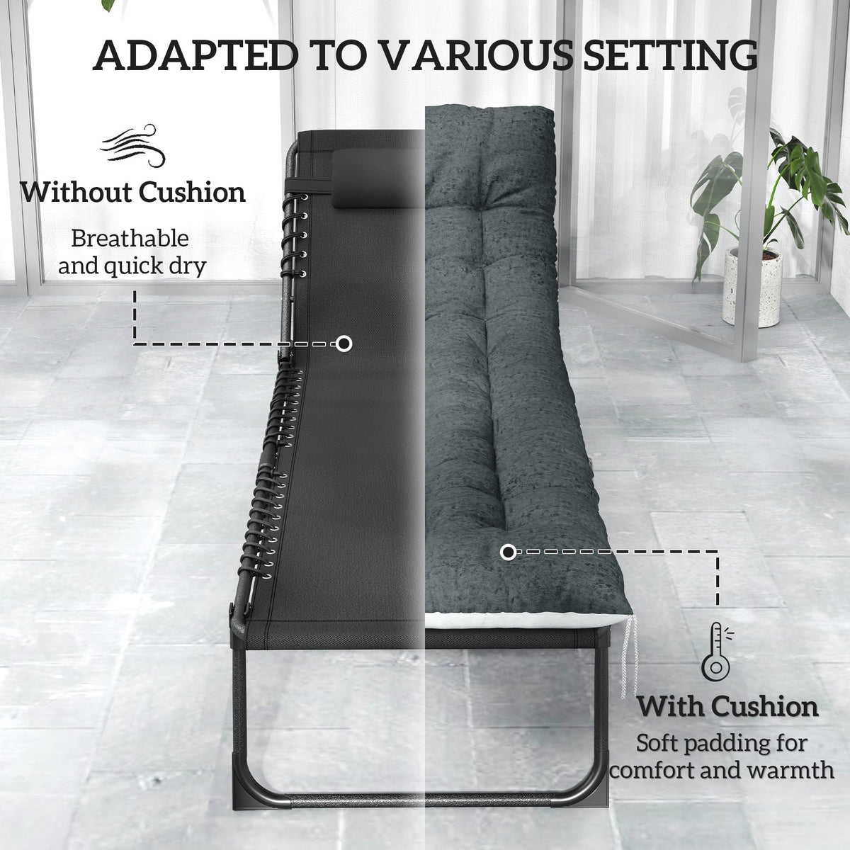 Set of 2 Folding Lounge Chairs with Cushion and Side Pocket, Black/Grey — product view 7