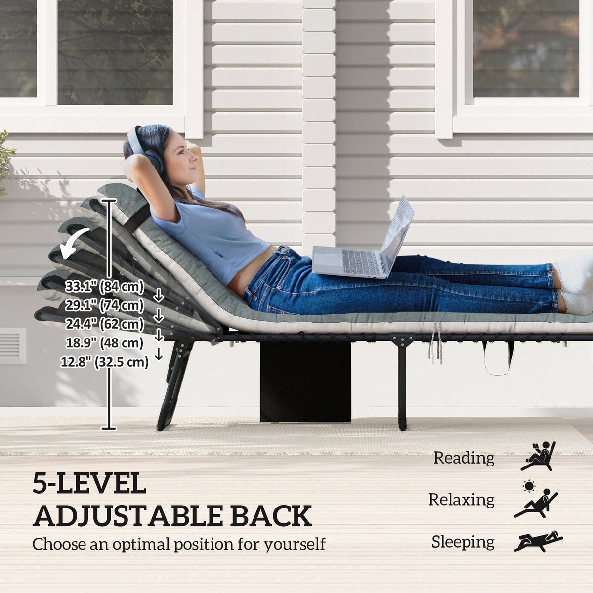 Set of 2 Folding Lounge Chairs with Cushion and Side Pocket, Black/Grey — product view 6
