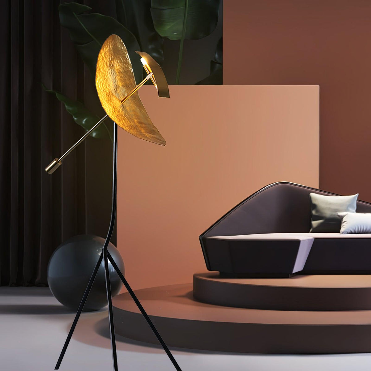 Salgado Floor Lamp Tripod Reflection Postmodern, Metal, Gold, Living Room — product view 1