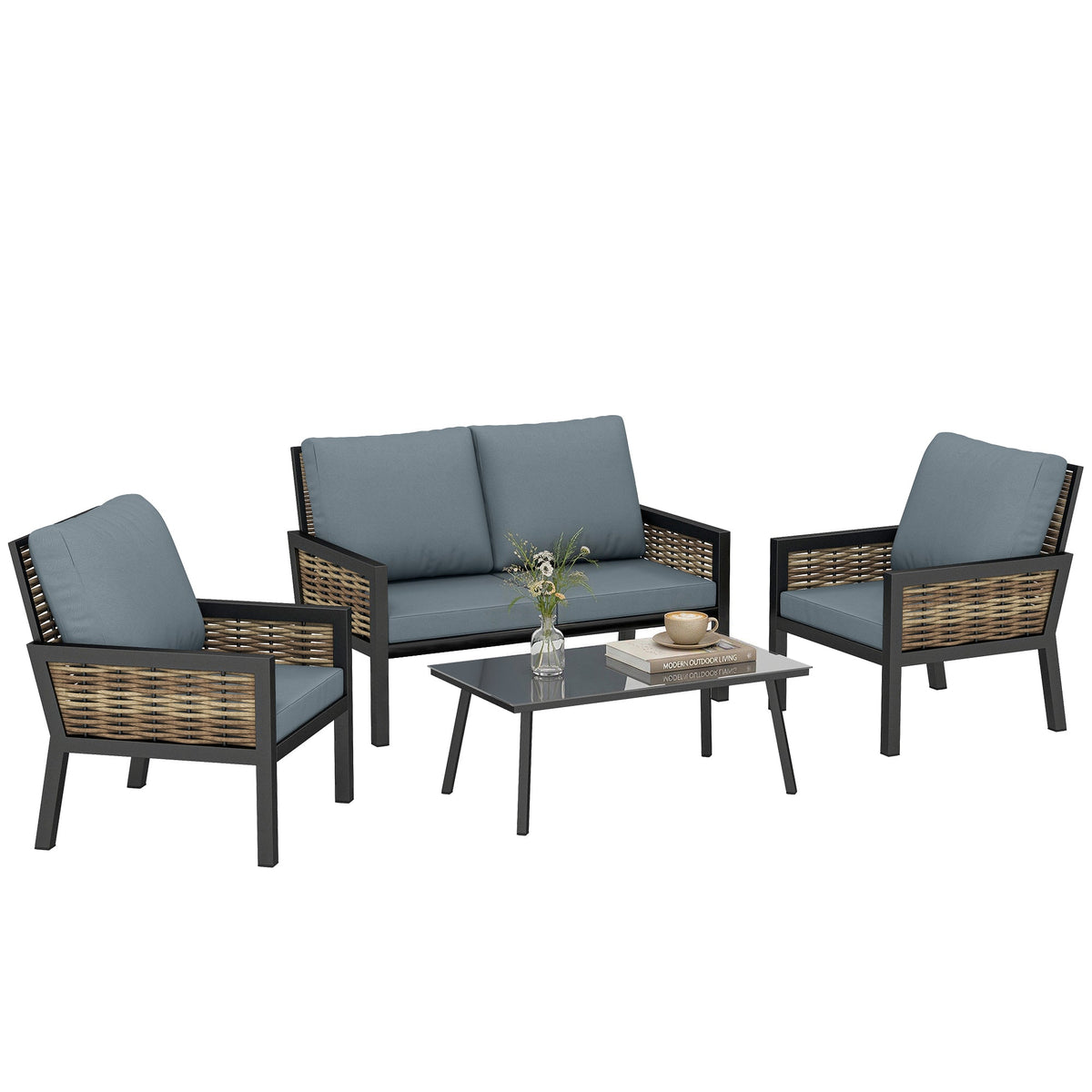 4-Seater Rattan Sofa Set with Cushions, Loveseat, 2 Armchairs & Coffee Table Grey — product view 1