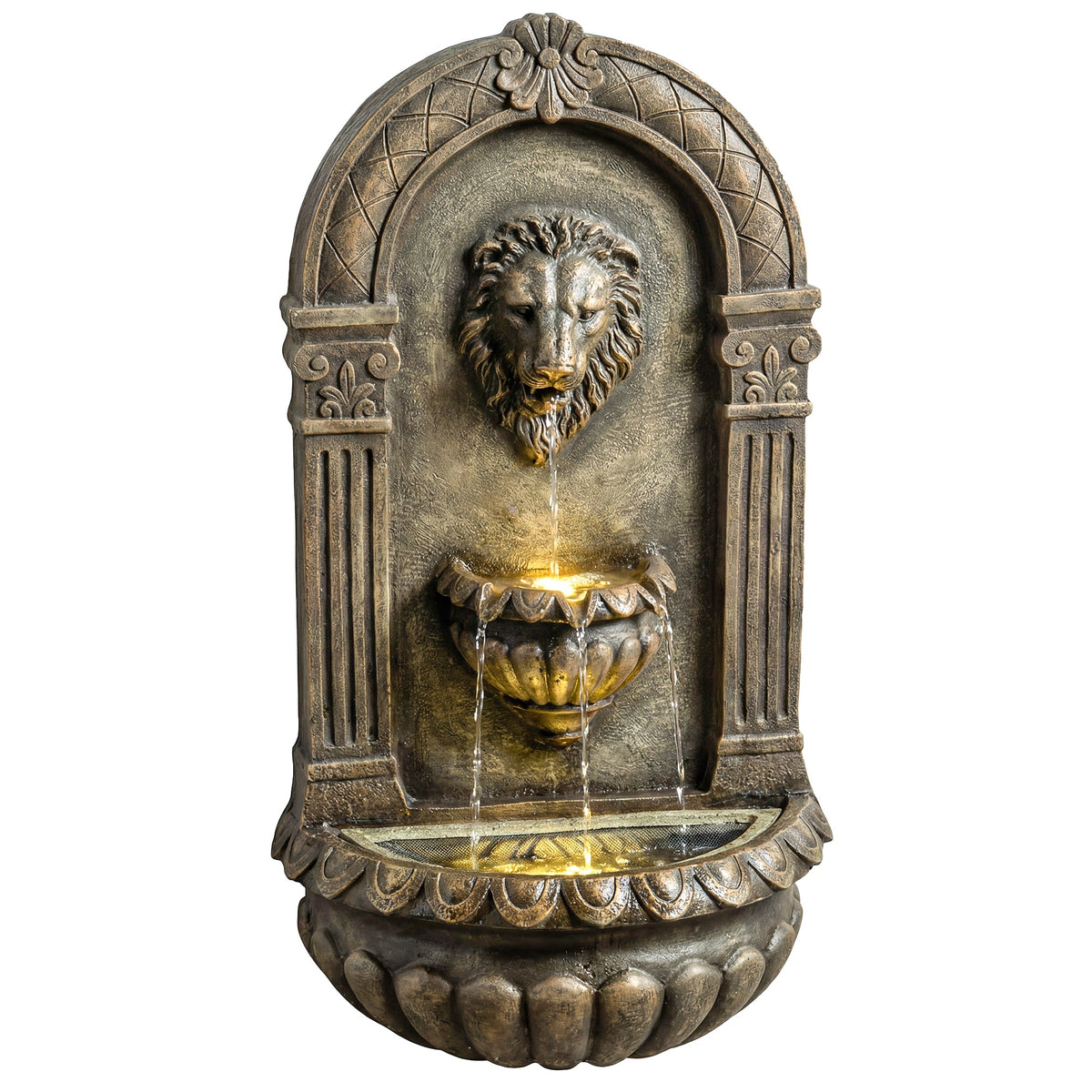 31" Wall-Mounted 3-Tier Fountain with LED Lights, Rustic Brown — product view 1
