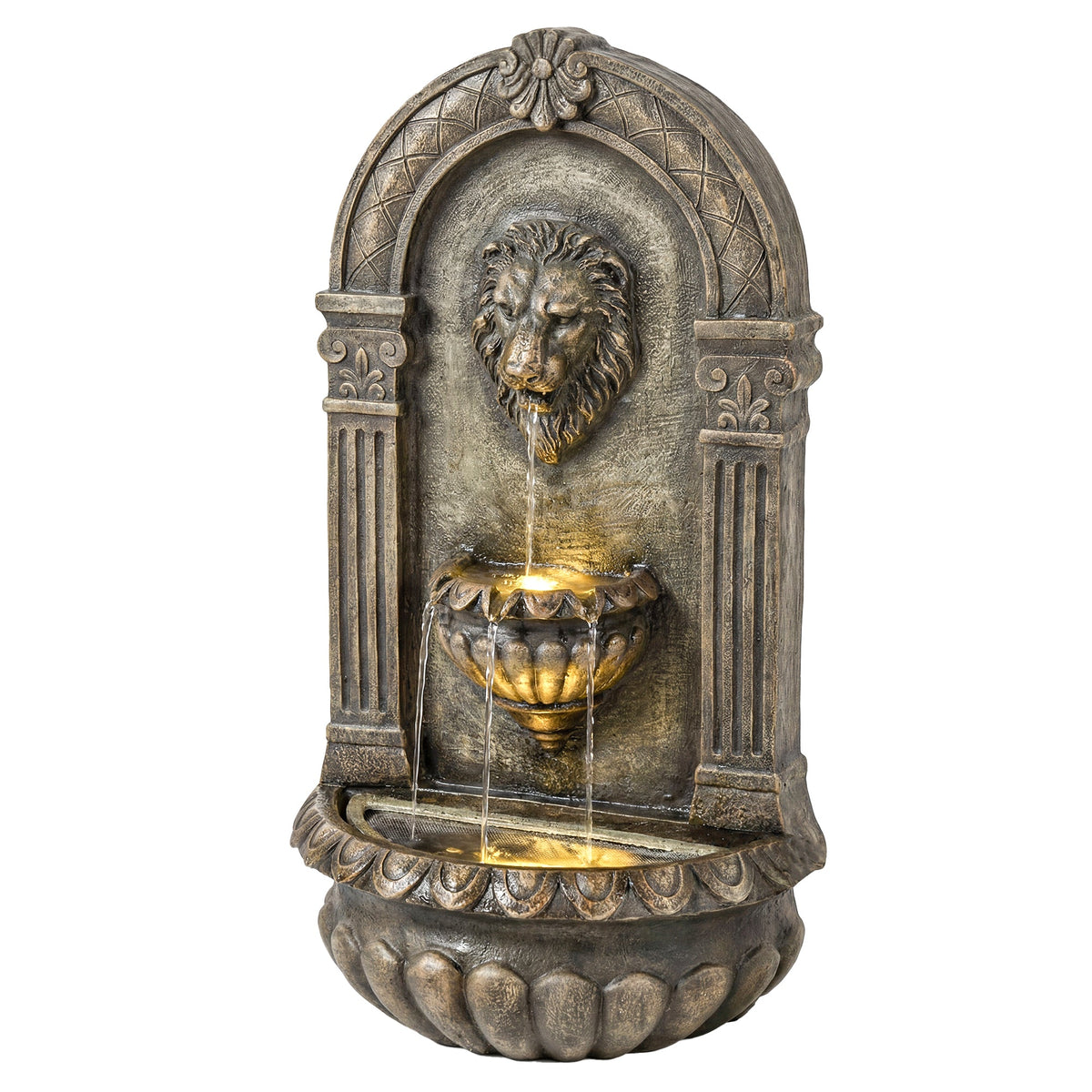 31" Wall-Mounted 3-Tier Fountain with LED Lights, Rustic Brown — product view 2