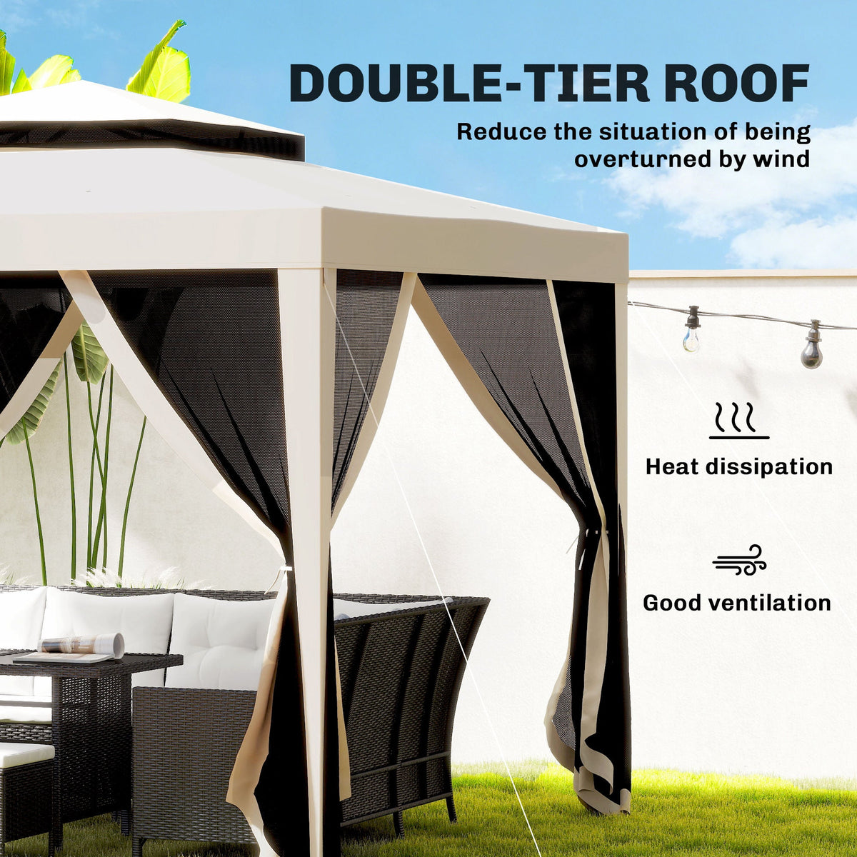 10' x 10' Canopy Tent with Mesh Netting and Double-Tier Roof, Beige — product view 6