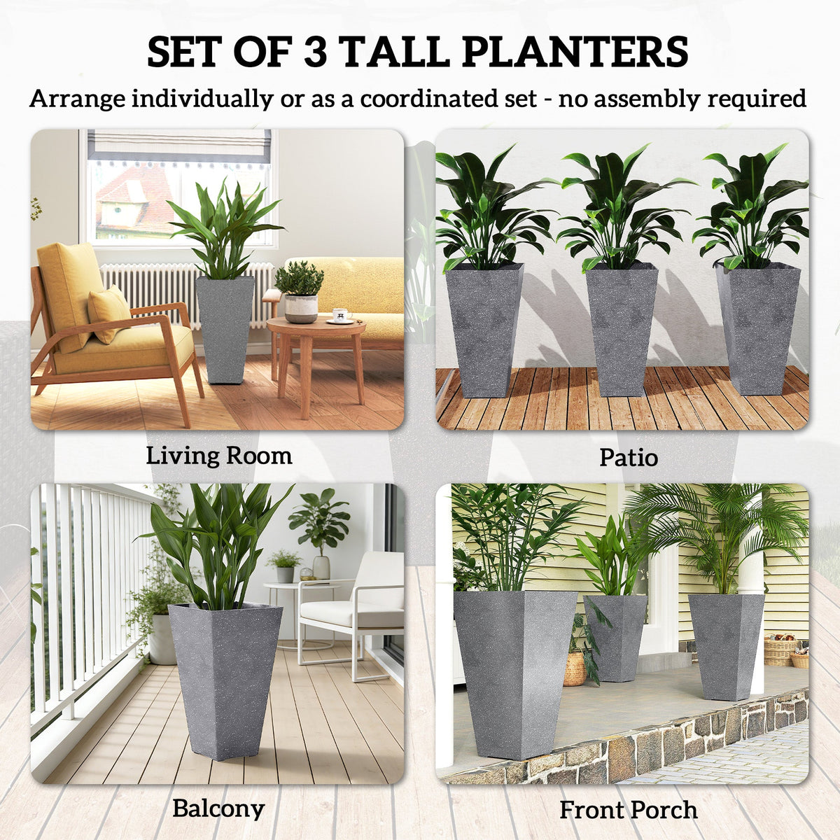 3-Piece 28" Tall Planters with Drainage Holes, Gray — product view 6