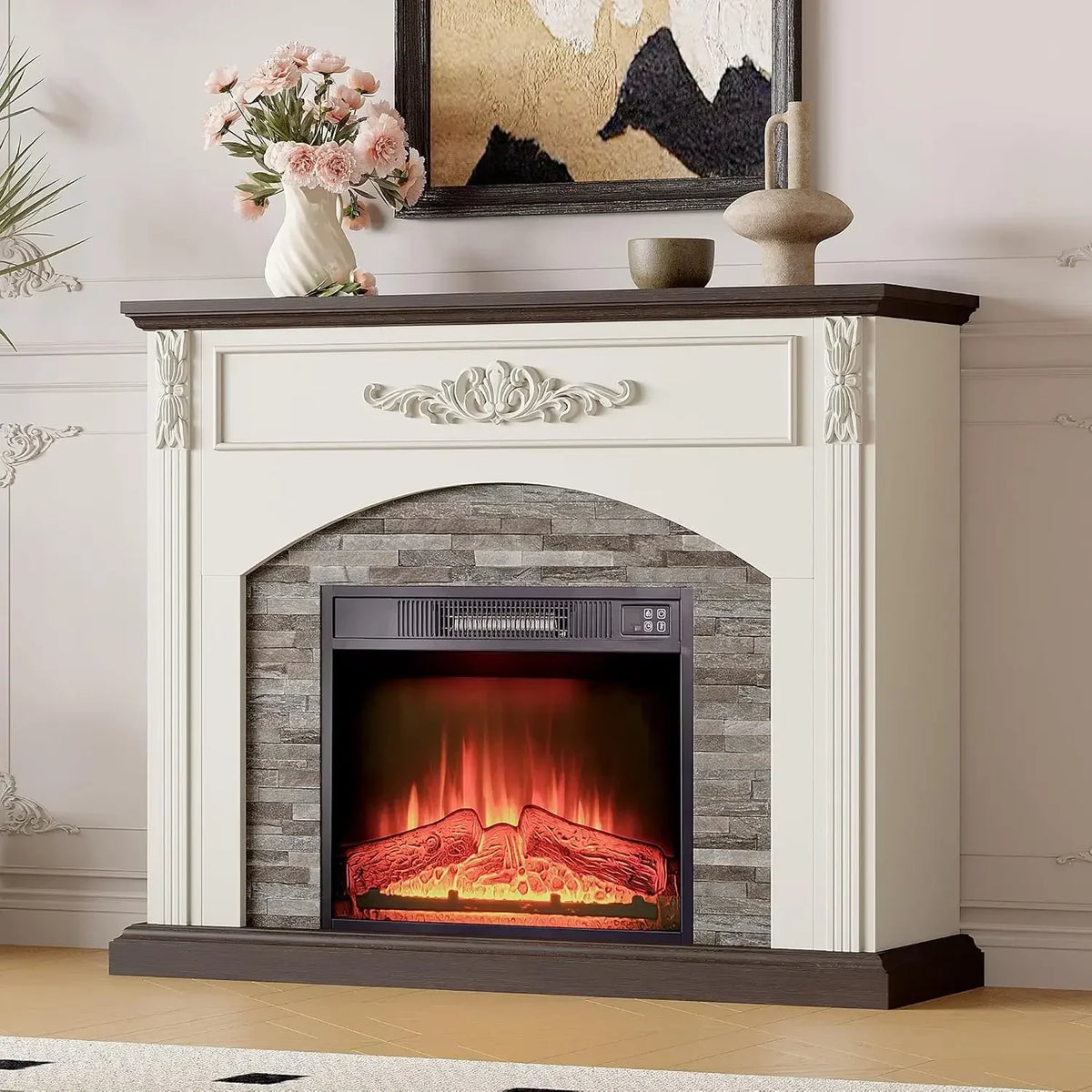 44 Inch Electric Fireplace TV Stand with Mantel, Farmhouse Stacked Stone Surround, White Firebox Media Console — product view 1