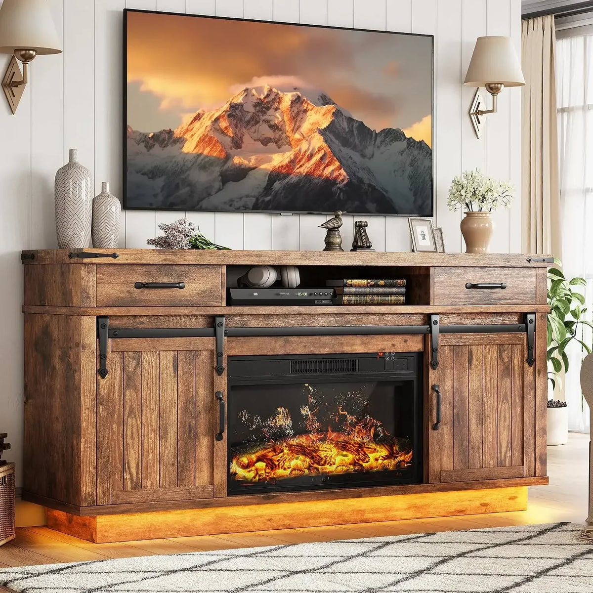 58 Inch Electric Fireplace TV Stand, Farmhouse Media Console Entertainment Center, Storage Cabinets for Living Rooms — product view 1
