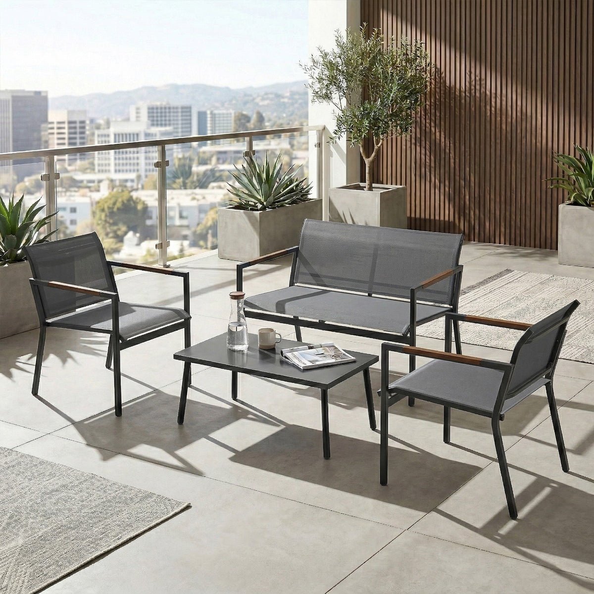 4-Seater Outdoor Sofa Set with Loveseat, 2 Armchairs & Metal Table, Mesh, Grey — product view 4