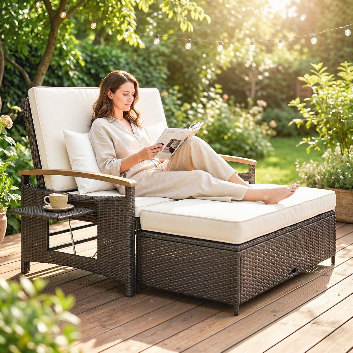 Rattan Daybed with Adjustable Backrest, Storage Ottoman, Beige — product view 3