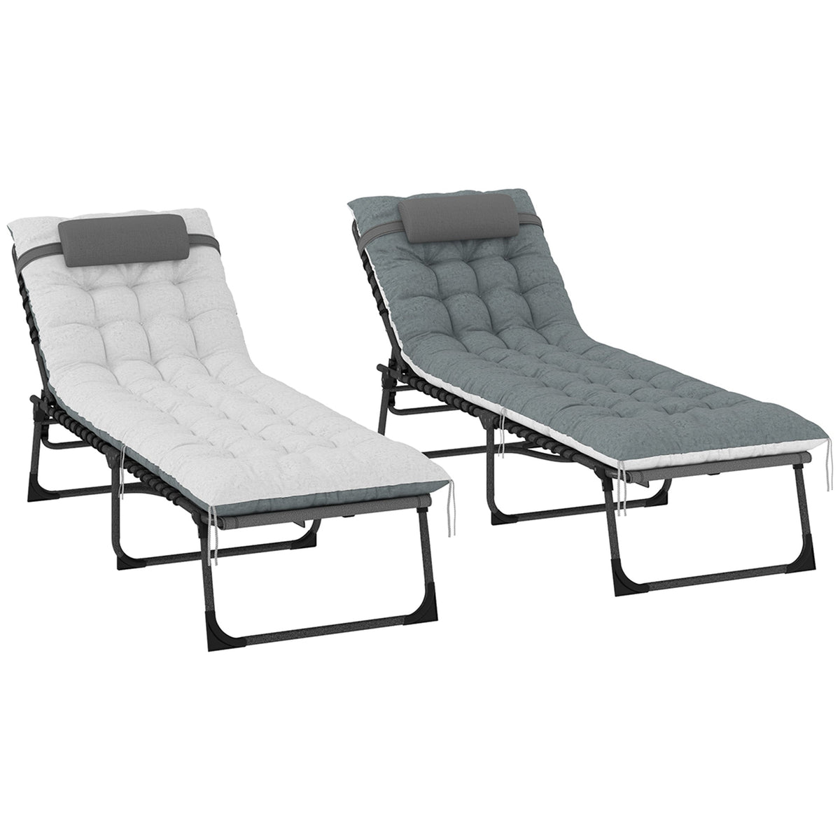 Set of 2 Folding Lounge Chairs with Cushion and Side Pocket, Grey — product view 2
