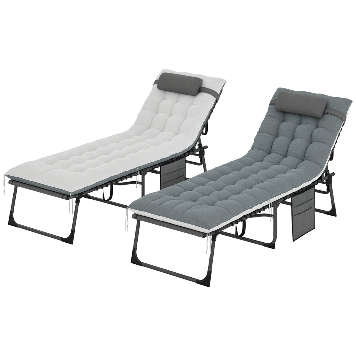 Set of 2 Folding Lounge Chairs with Cushion and Side Pocket, Grey — product view 1