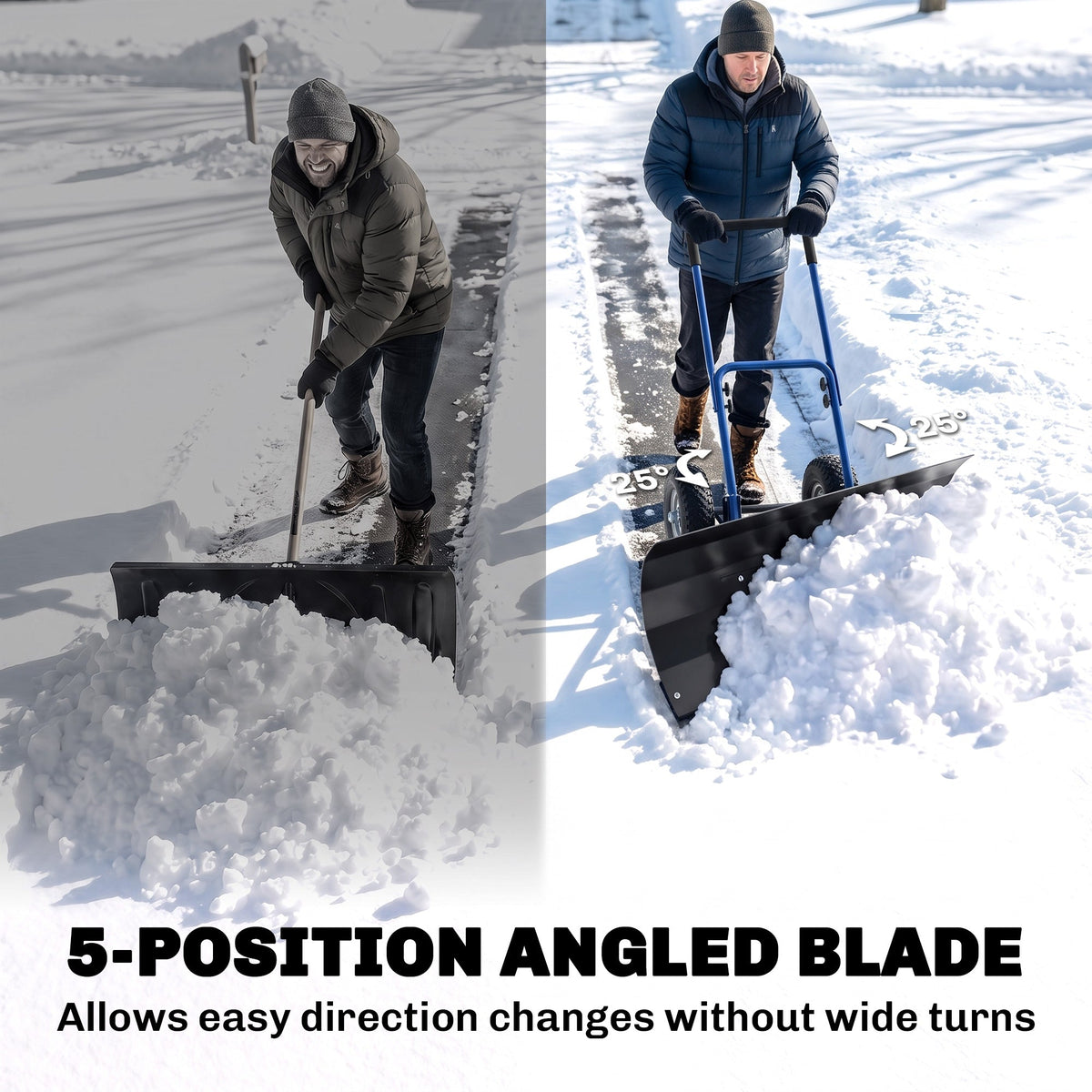 Heavy Duty Snow Pusher with Wheels, 29" x 16.5" Metal Blade, 5-Level Handle, Blue — product view 7