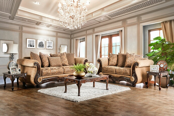 Gold & Bronze Chenille Traditional Sofa & Loveseat Set with Wood Trim – SM6407 — product view 1