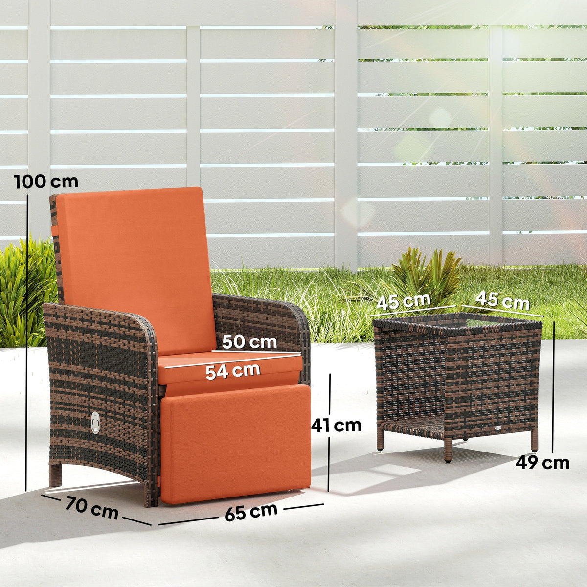 3 Piece Rattan Bistro Set with Reclining Chairs & Storage Table, Orange — product view 5