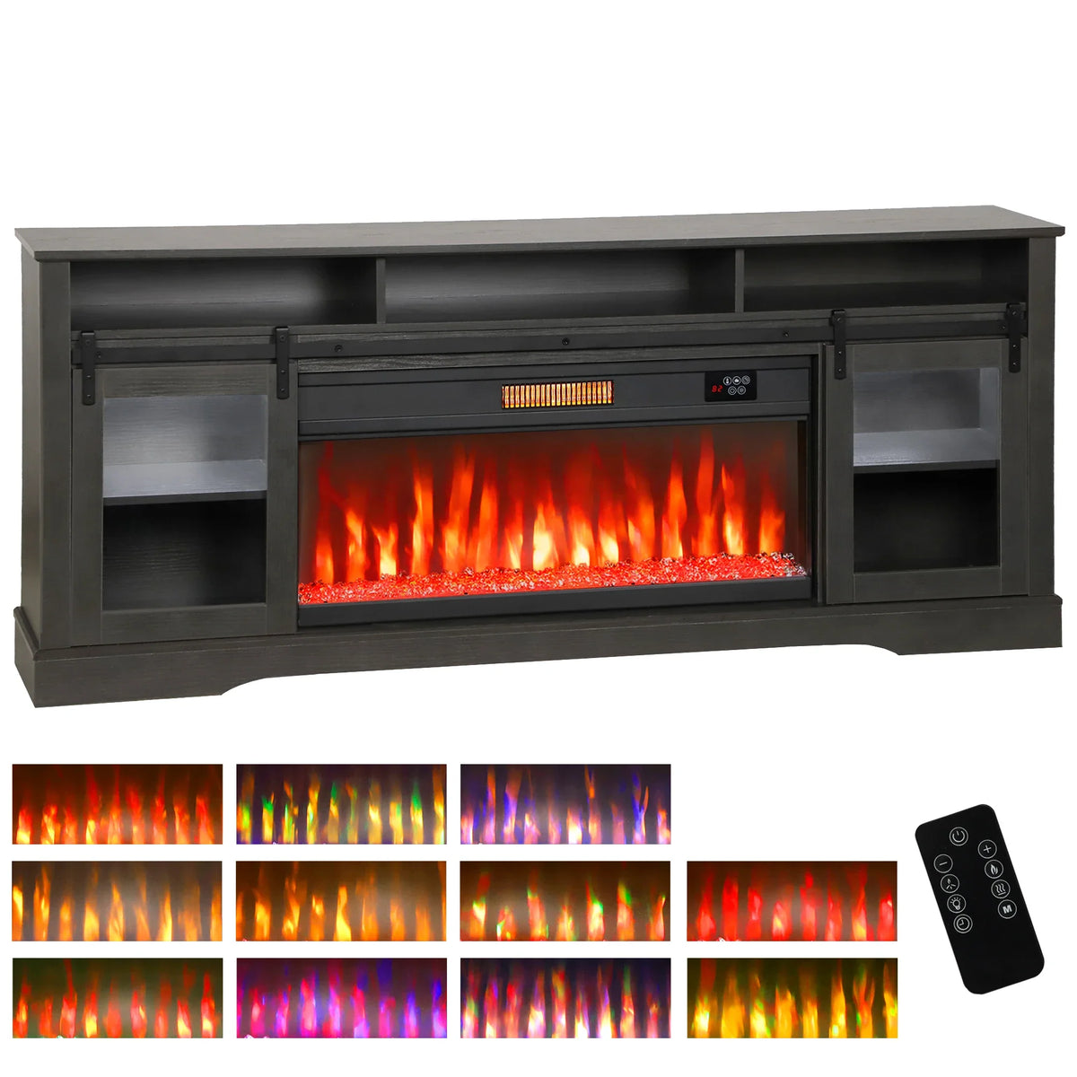 Fireplace TV Stand for TVs up to 80 Inch, Modern Entertainment Center with 36 Inch Glass Electric Fireplace & LED Lights, Black — product view 2
