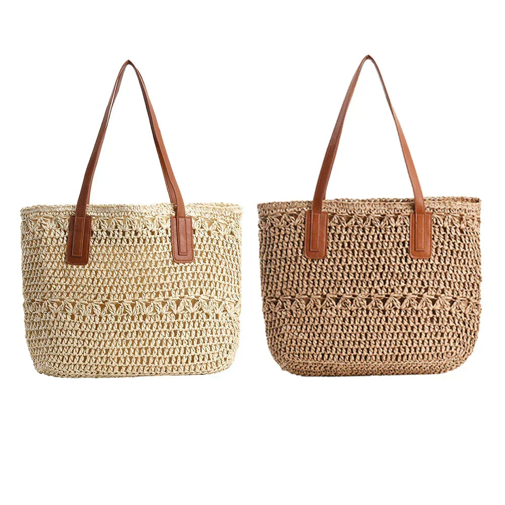 LoungeYard | Genevieve | Chic Straw Tote Bag with Genuine Leather Straps – Elegant Summer Handbag — product view 6