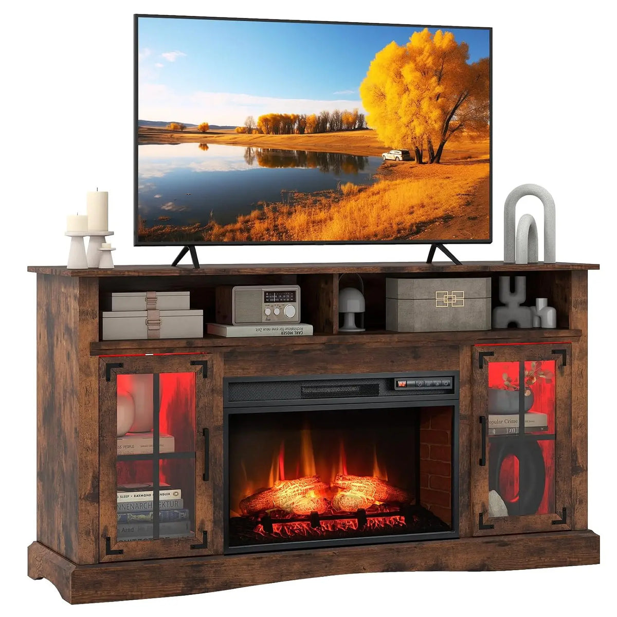 Fireplace TV Stand for TVs Up to 65", Adjustable Shelves LED Light Entertainment Center with Electric Fireplace — product view 1