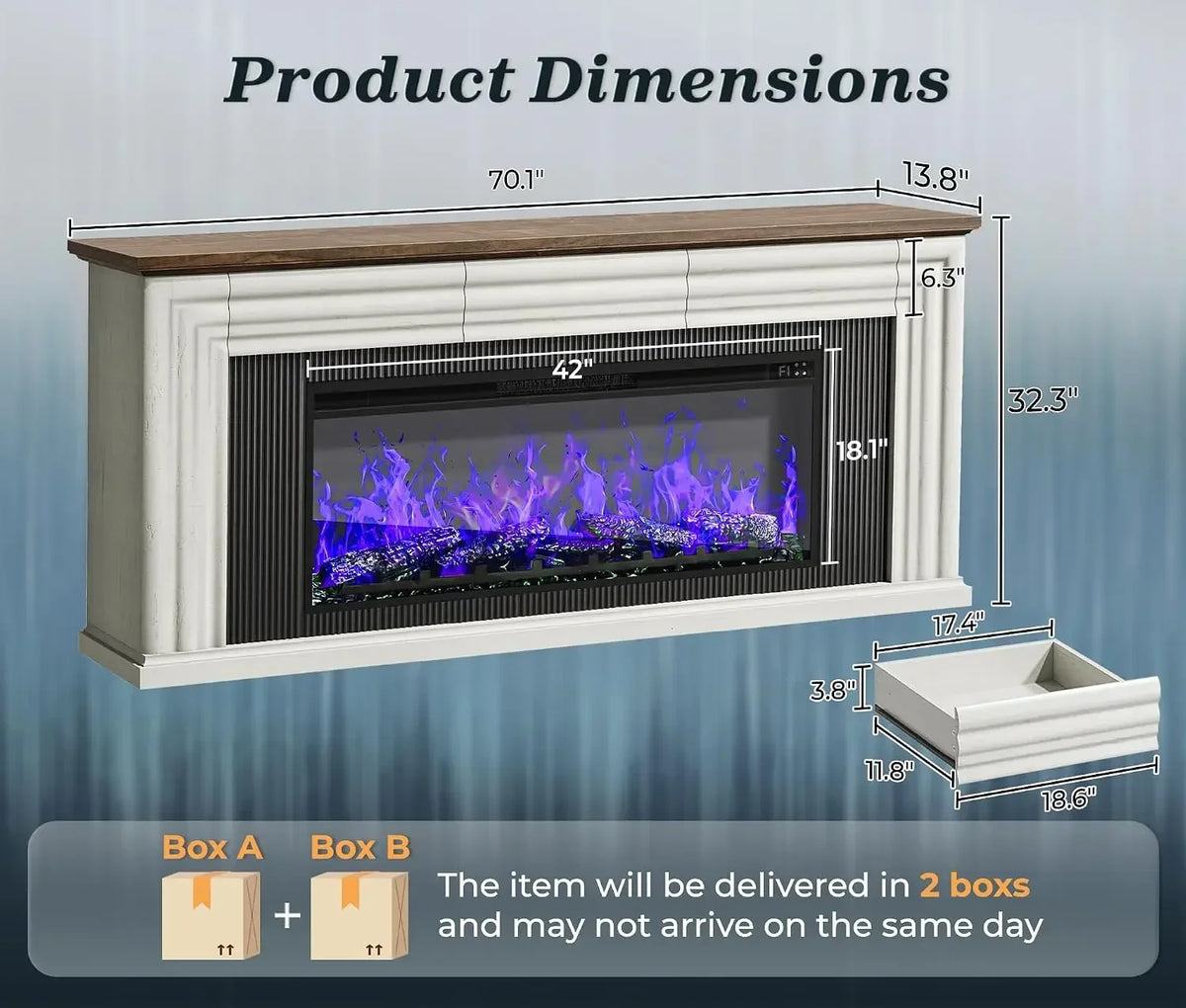 70 Inch Fluted Fireplace TV Stand with 42 Inch Electric Fireplace, Modern Farmhouse Media Console for 65-75 Inch TVs — product view 2