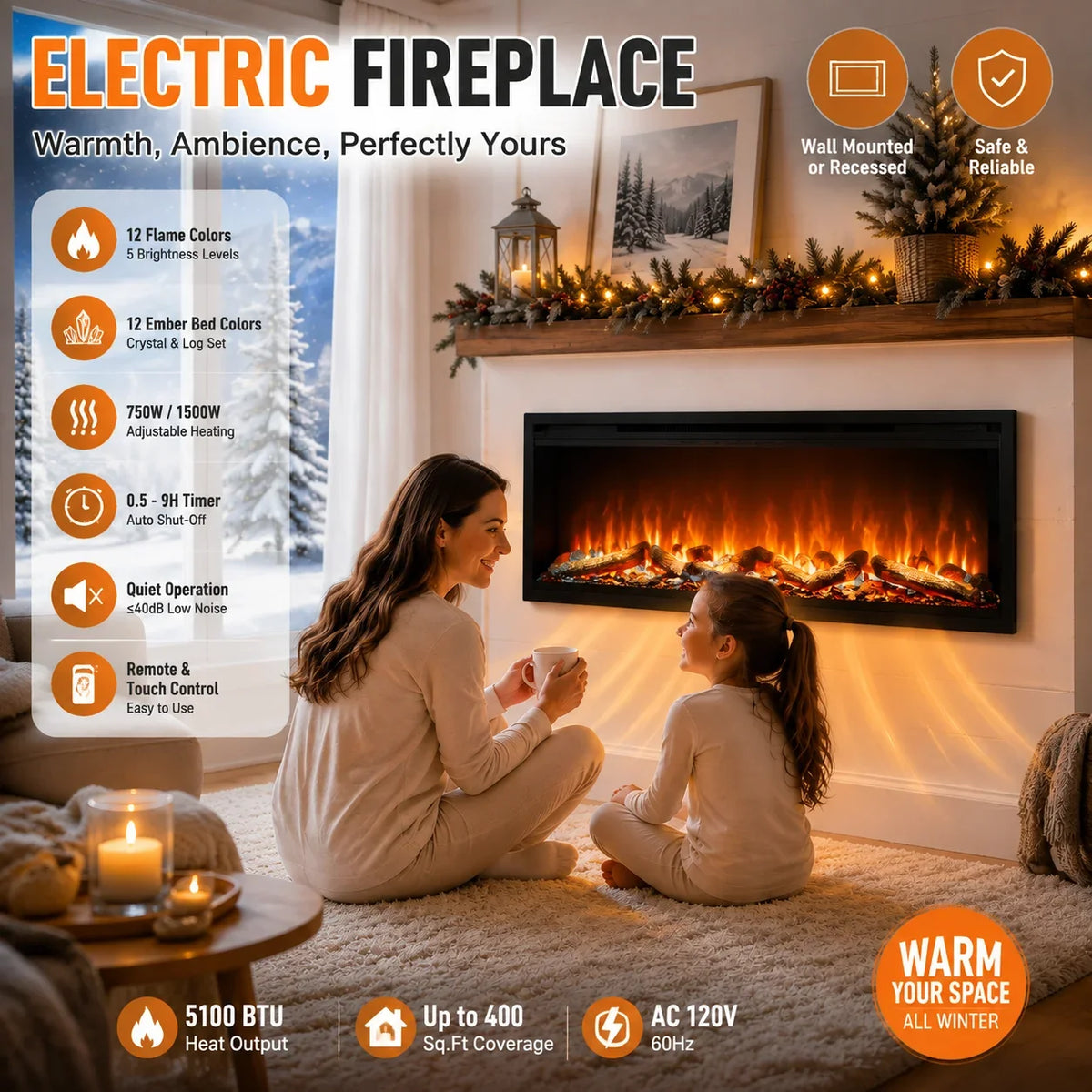 50 Inch Linear Electric Fireplace, Recessed & Wall Mounted Fireplace Heater with Crystal Log Set, Adjustable Flame Color, 750W/1500W, Timer & Remote — product view 2