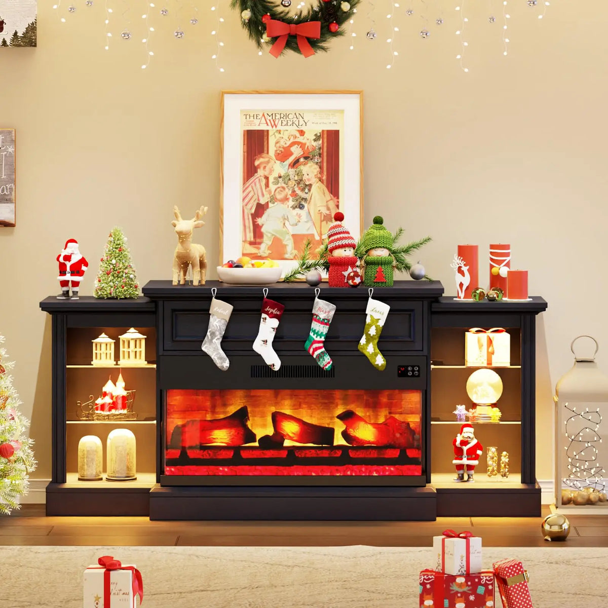 60" Farmhouse Fireplace TV Stand with 28" Electric Fireplace 3-Sided TV Cabinet with Mantel, for TVs up to 65 Inch — product view 1