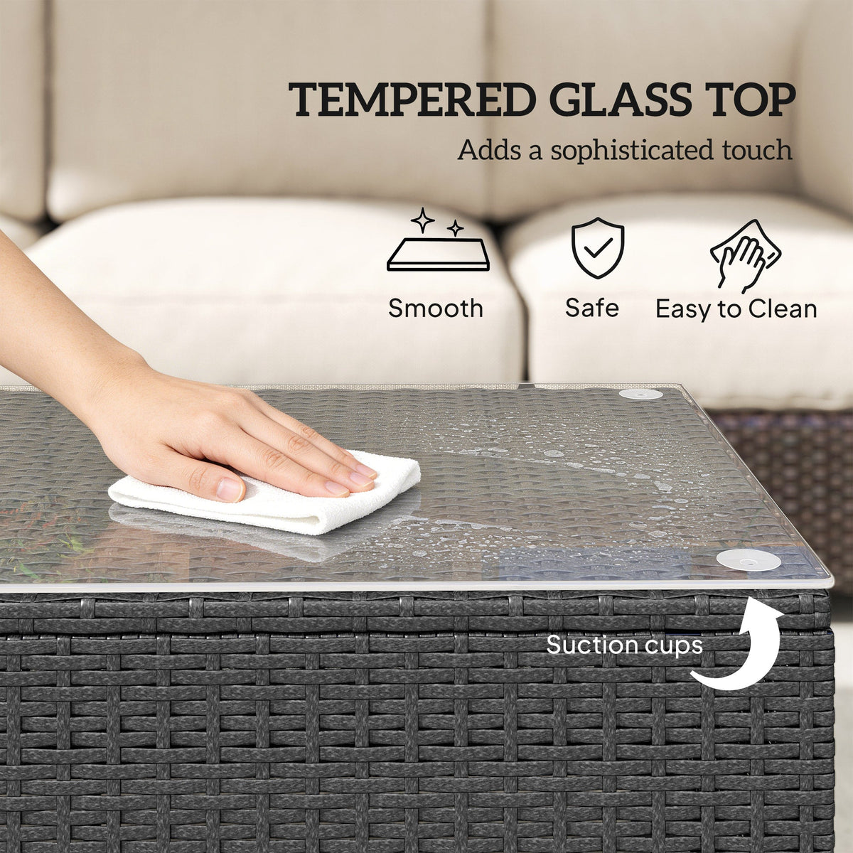 Rattan Coffee Table with Tempered Glass Top, Dark Grey — product view 7