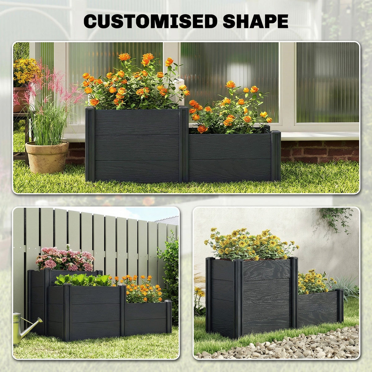 3-Tier Vinyl Raised Garden Bed with Open Bottom, Grey Wood Effect — product view 7