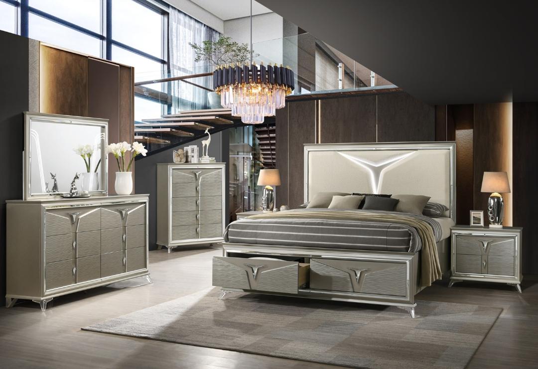 Casa Blanca Sunset Champagne Gold Wood Finish Fabric Headboard LED Lighting Queen Bedroom Set – Sunset-4PC — product view 1