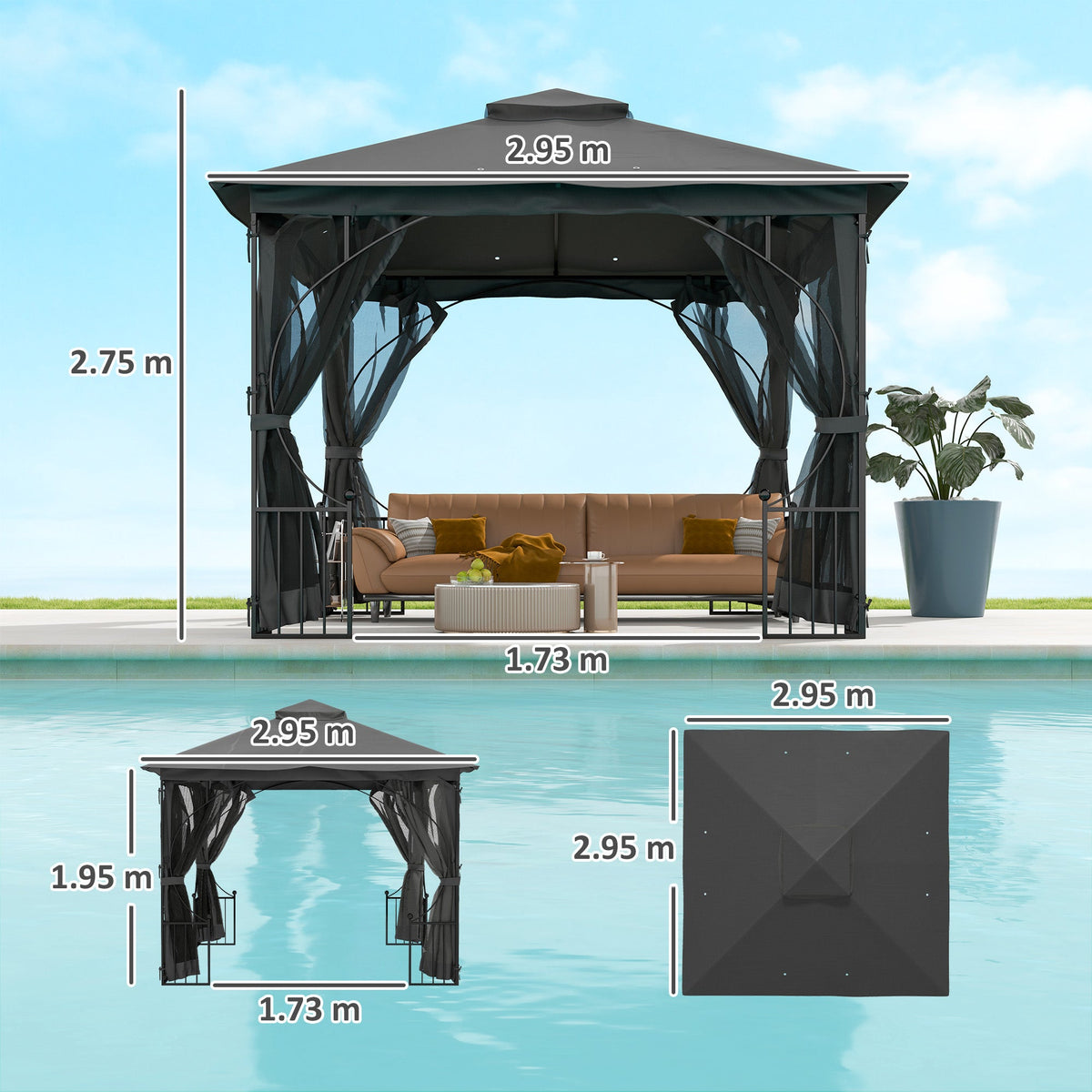 3 x 3m Garden Gazebo with Double Tier Roof & Netting, Dark Grey — product view 5