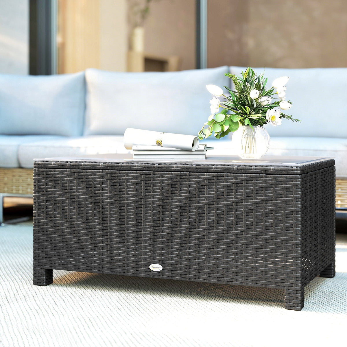 Rattan Coffee Table with Tempered Glass Top, Dark Grey — product view 4