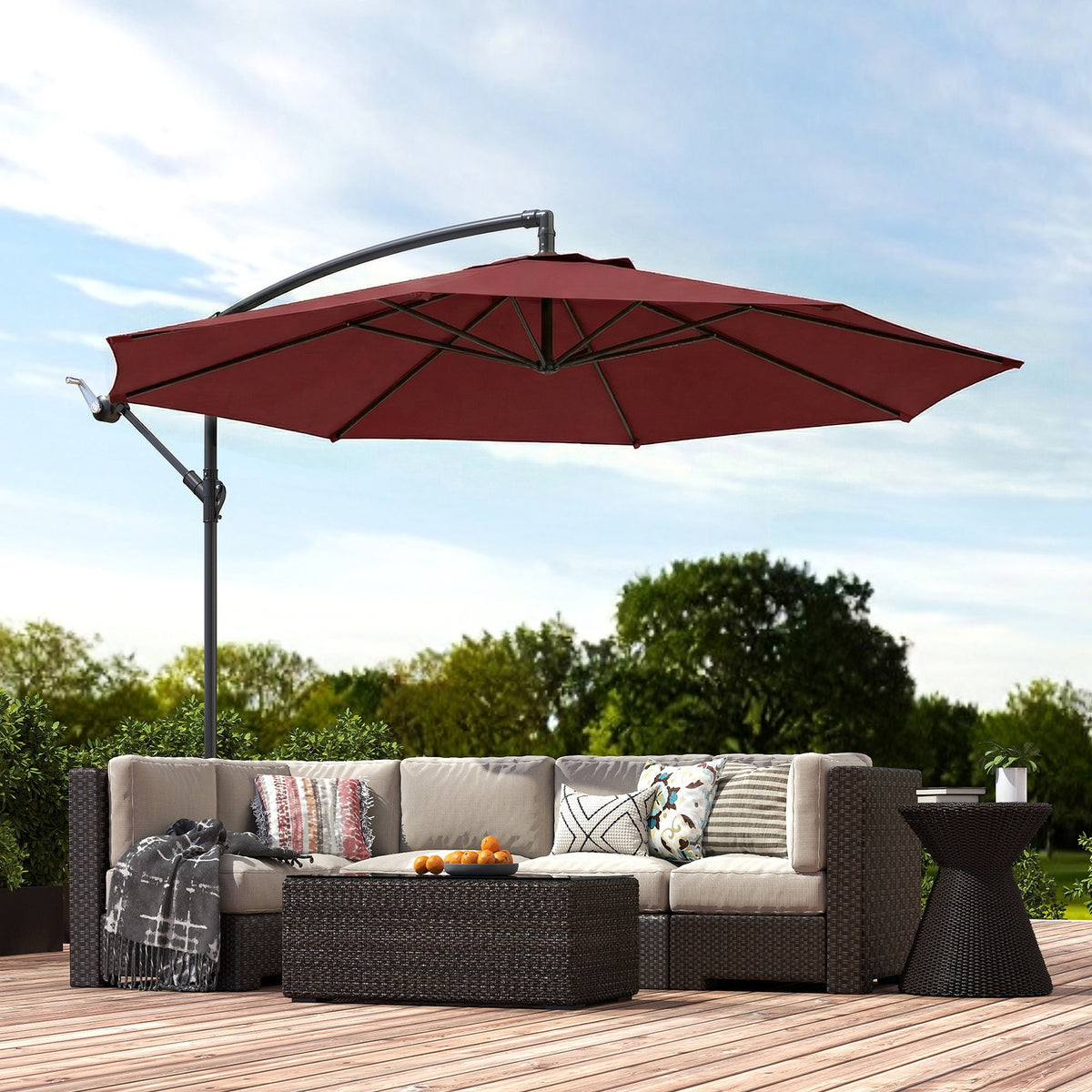 3 m Banana Parasol with Crank Handle, 8 Ribs & Cross Base, Wine Red — product view 3