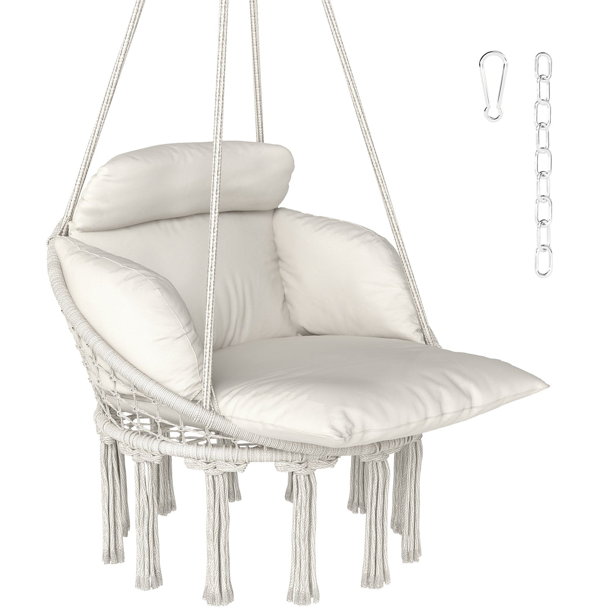 Macrame Hammock Swing Chair with Cushion, Cream White — product view 1