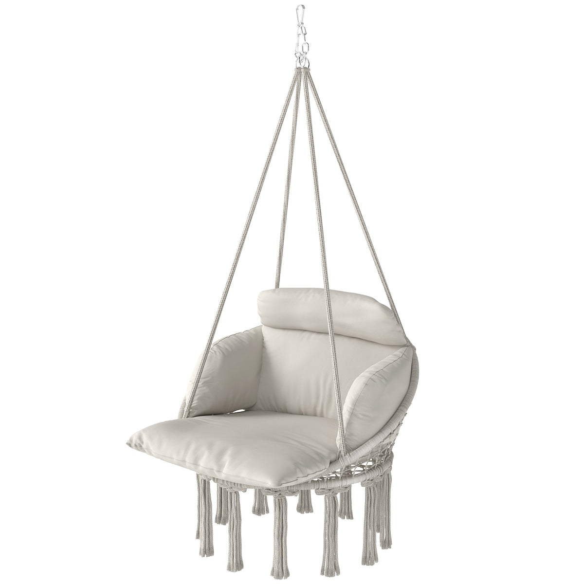 Macrame Hammock Swing Chair with Cushion, Cream White — product view 2