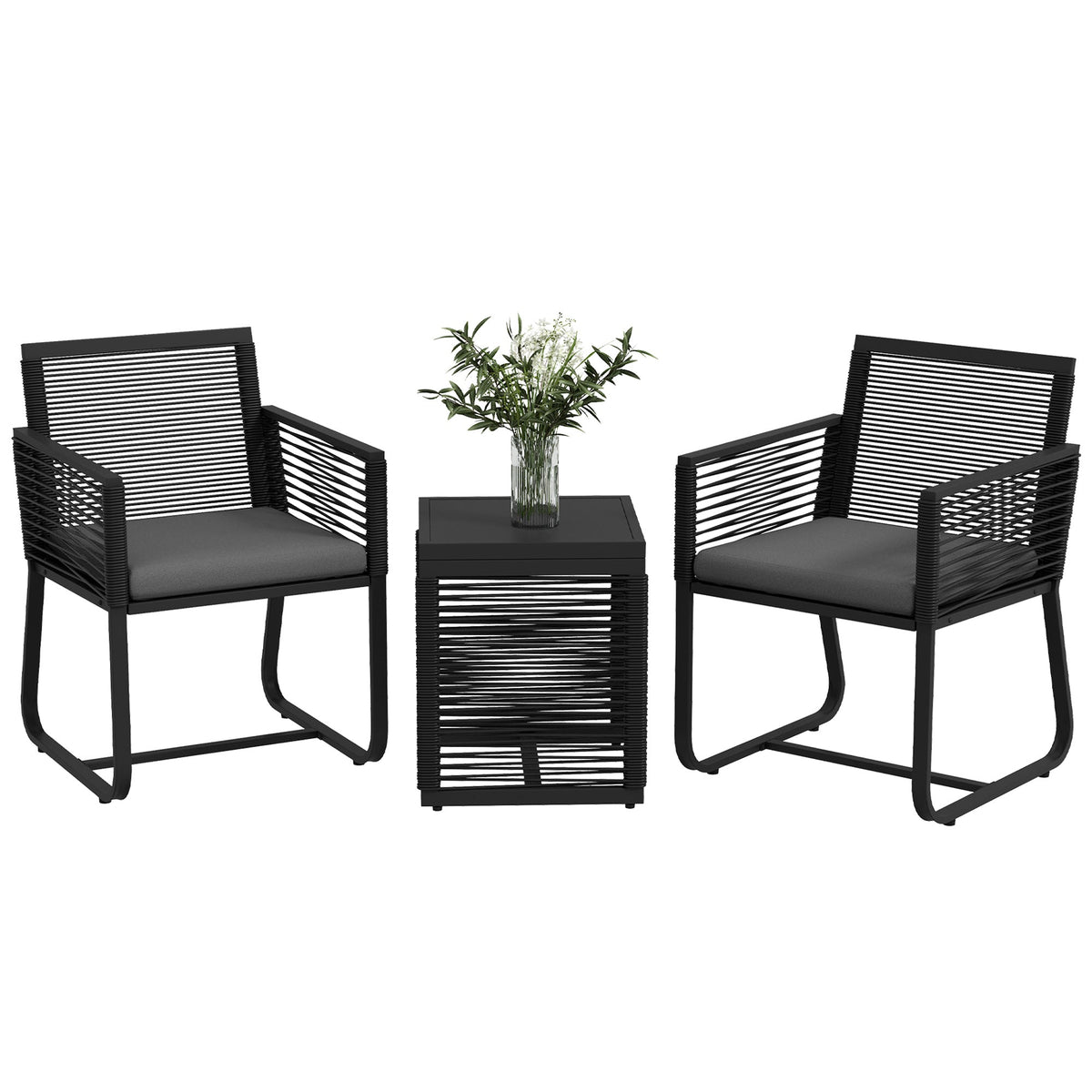 3 Piece Wicker Patio Furniture Set with Glass Top Table and Cushions, Black — product view 1