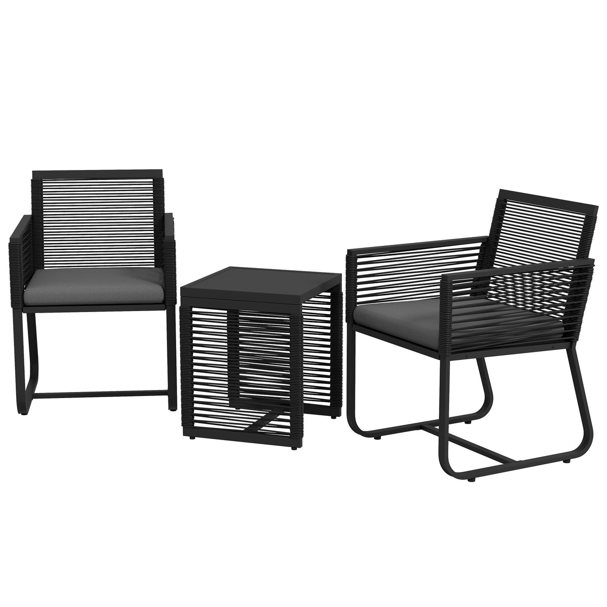 3 Piece Wicker Patio Furniture Set with Glass Top Table and Cushions, Black — product view 2