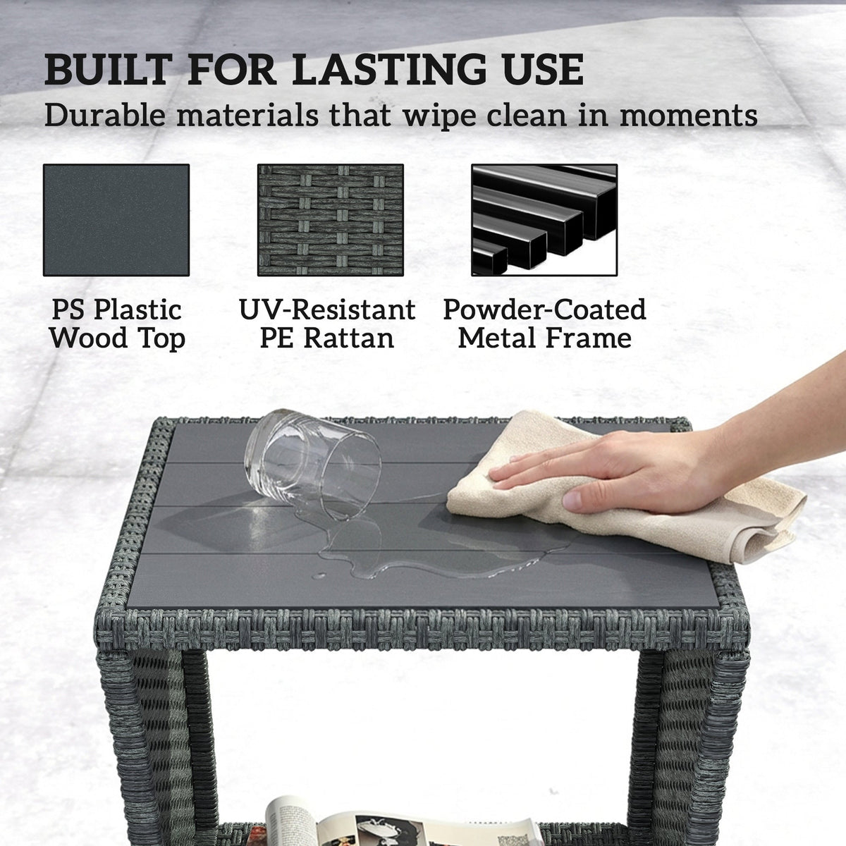 2-Tier PE Rattan Side Table with Storage Shelf, Grey — product view 7