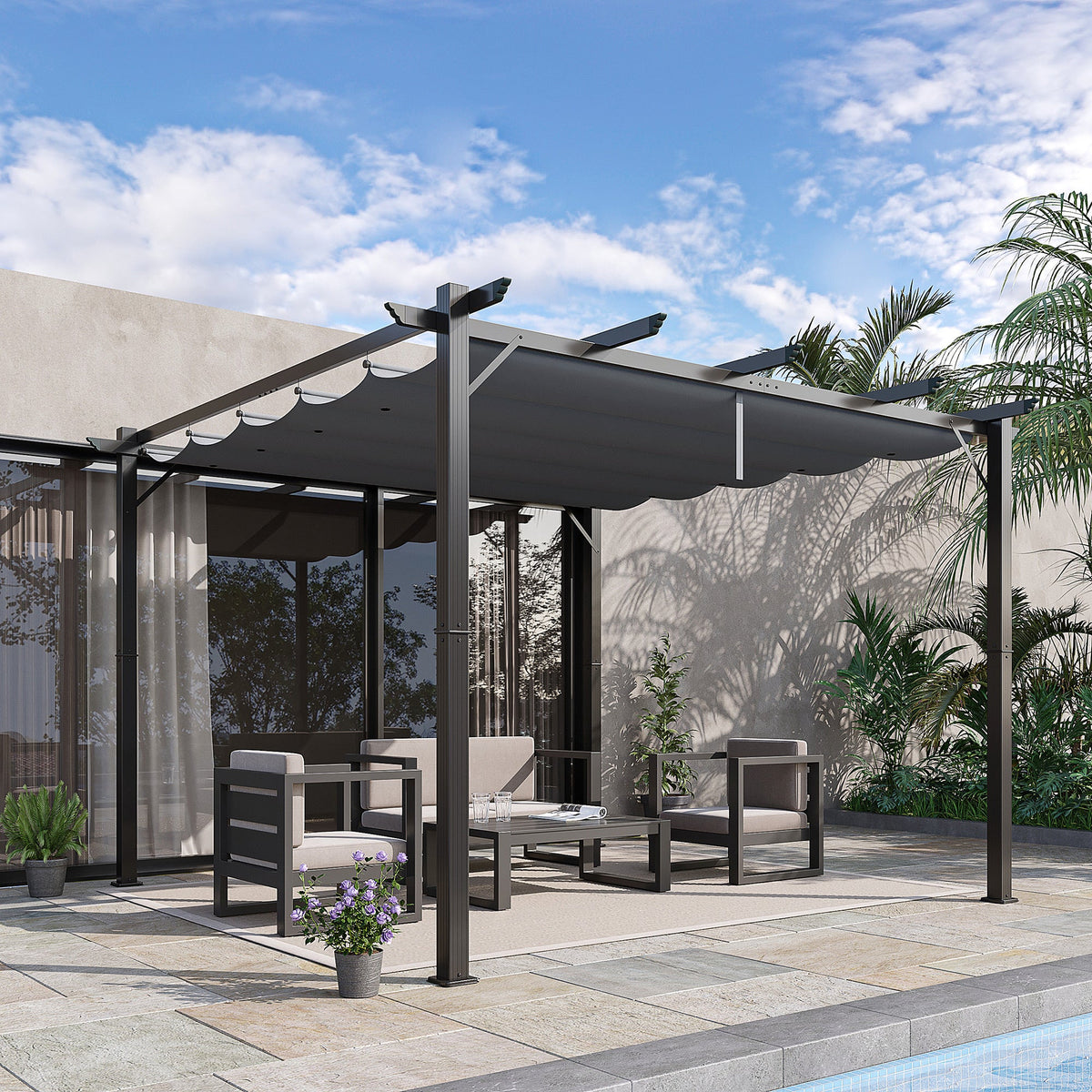 3 x 3m Pergola with Retractable Roof & Aluminium Frame, Dark Grey — product view 3