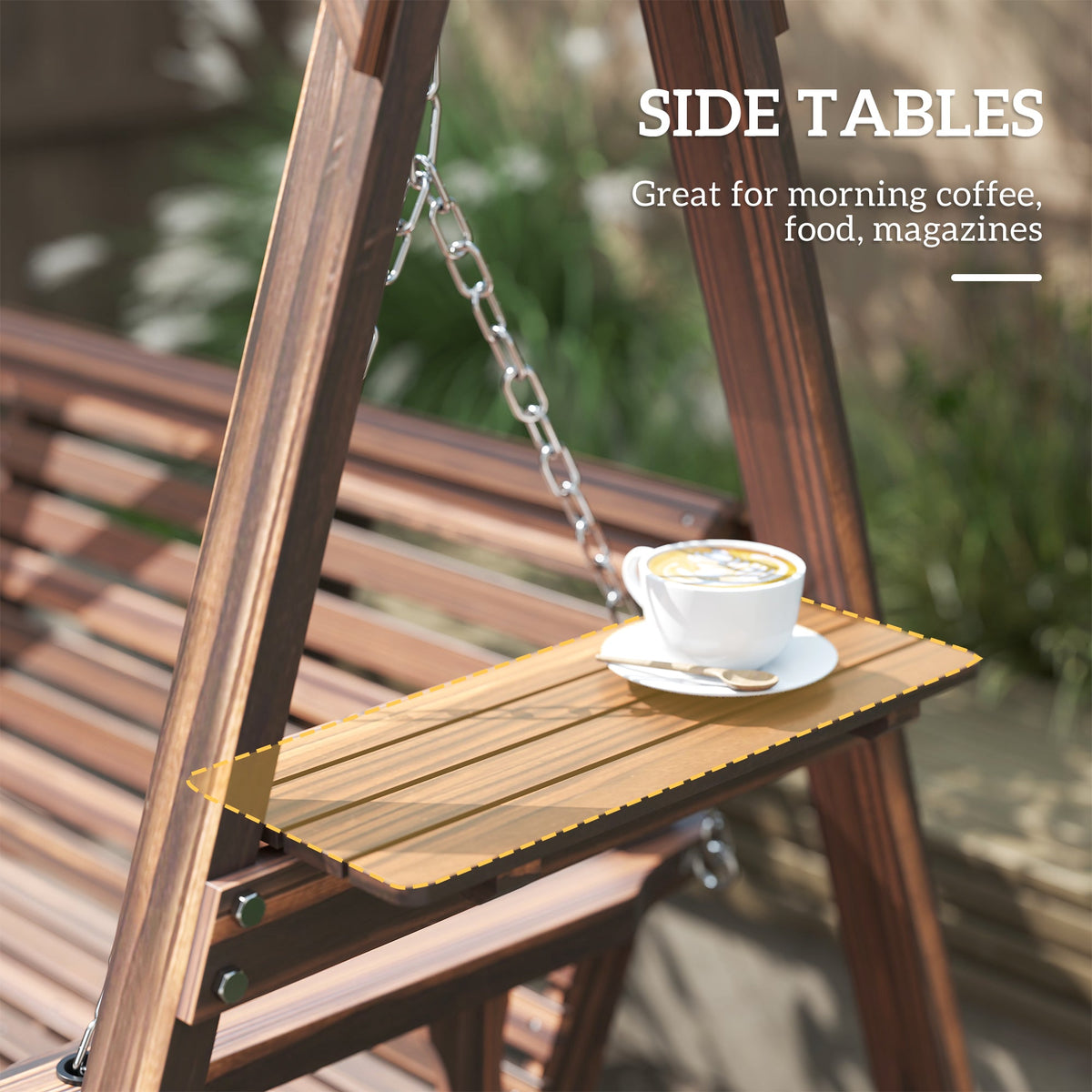 3 Seat Porch Swing with Stand and Side Tables, Carbonized Brown — product view 7