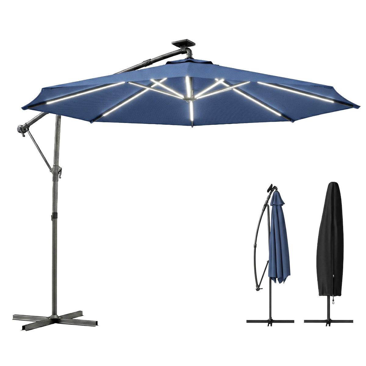 3 m Cantilever Parasol with Solar LED Light, Cover & 360° Rotation, Navy Blue — product view 2