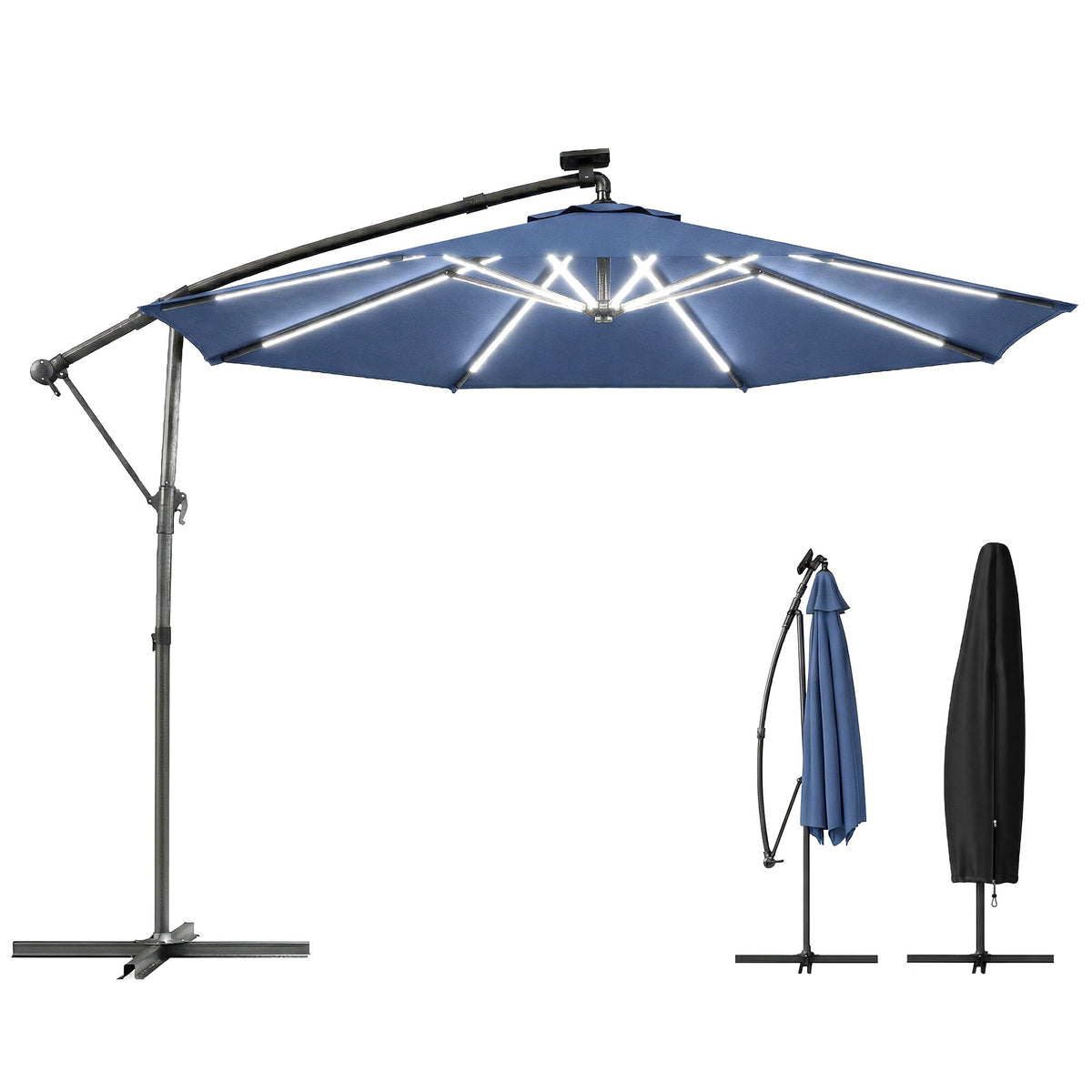 3 m Cantilever Parasol with Solar LED Light, Cover & 360° Rotation, Navy Blue — product view 1