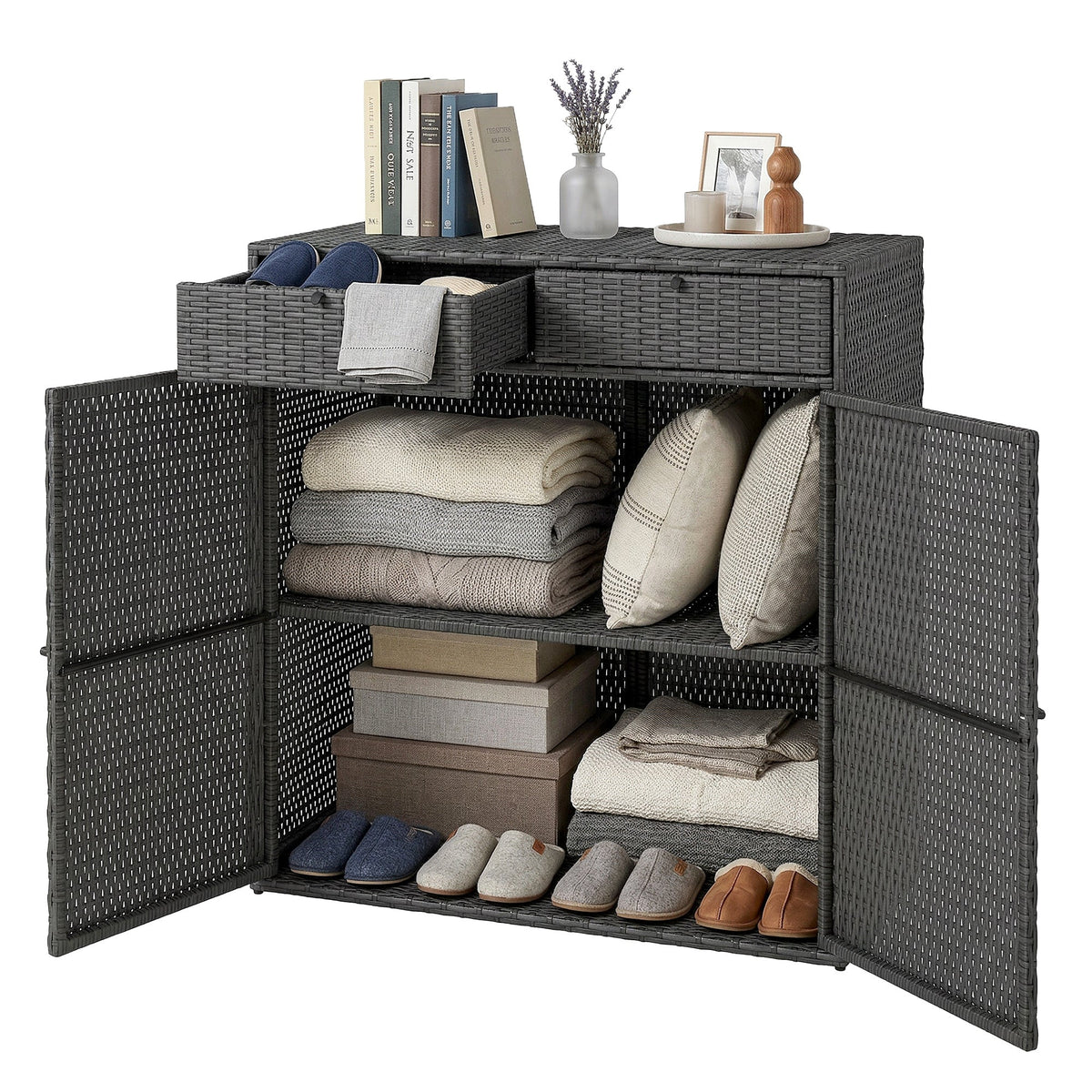 Wicker Outdoor Storage Cabinet with 2 Drawers and 2-Tier Shelves, Dark Grey — product view 2