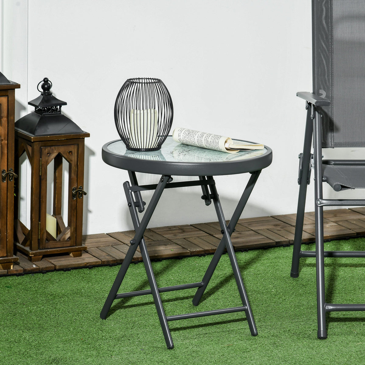 18" Outdoor Round Folding Table with Tempered Glass Top, White — product view 3