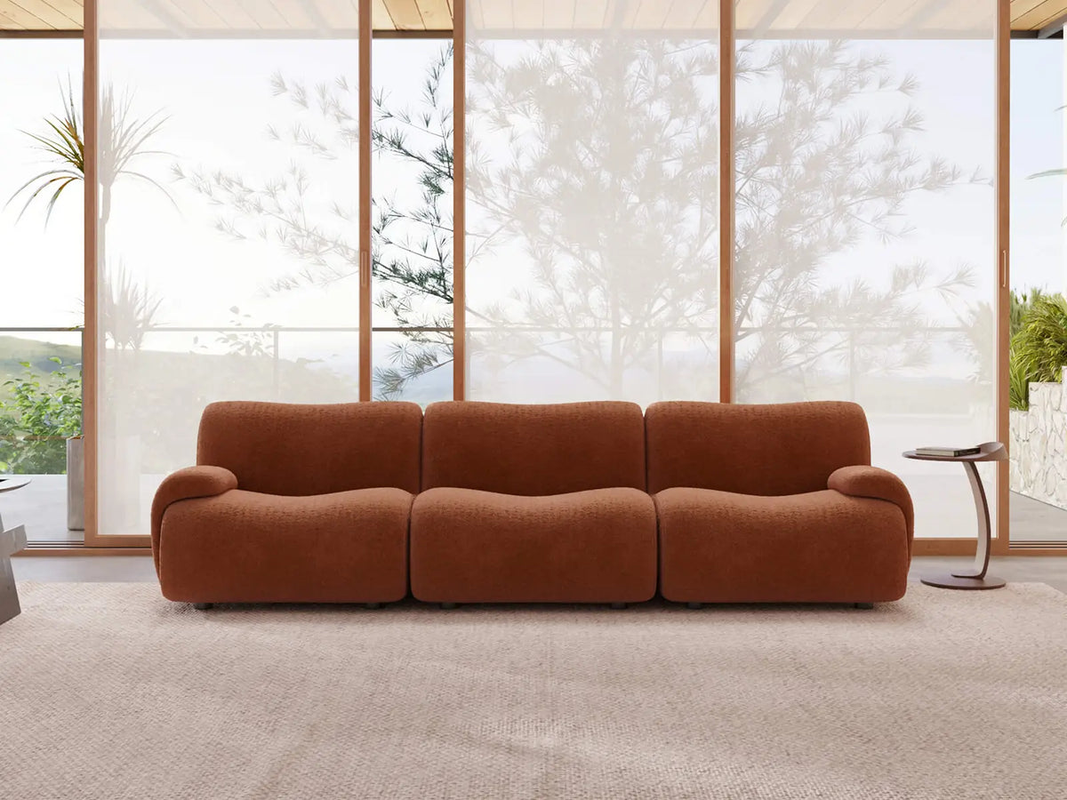 Teddy Fleece 3-Seater Rust Red Small Space Couch Sectional | 3-Piece, Modular Design, Fixed Upholstery, Low Pillow Arm — product view 1