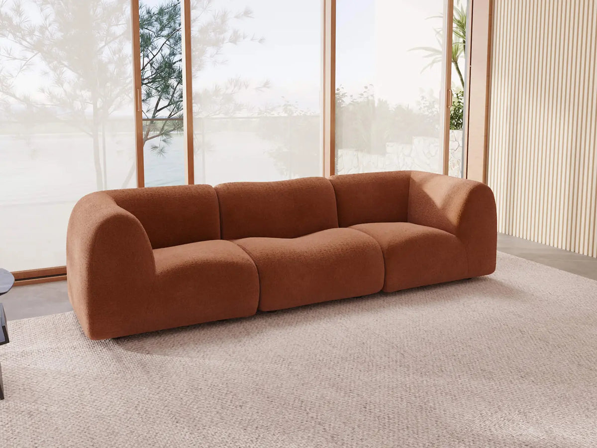 Teddy Fleece 3-Seater Rust Red Small Space Couch Sectional | 3-Piece, Modular Design, Fixed Upholstery, Low Pillow Arm — product view 2